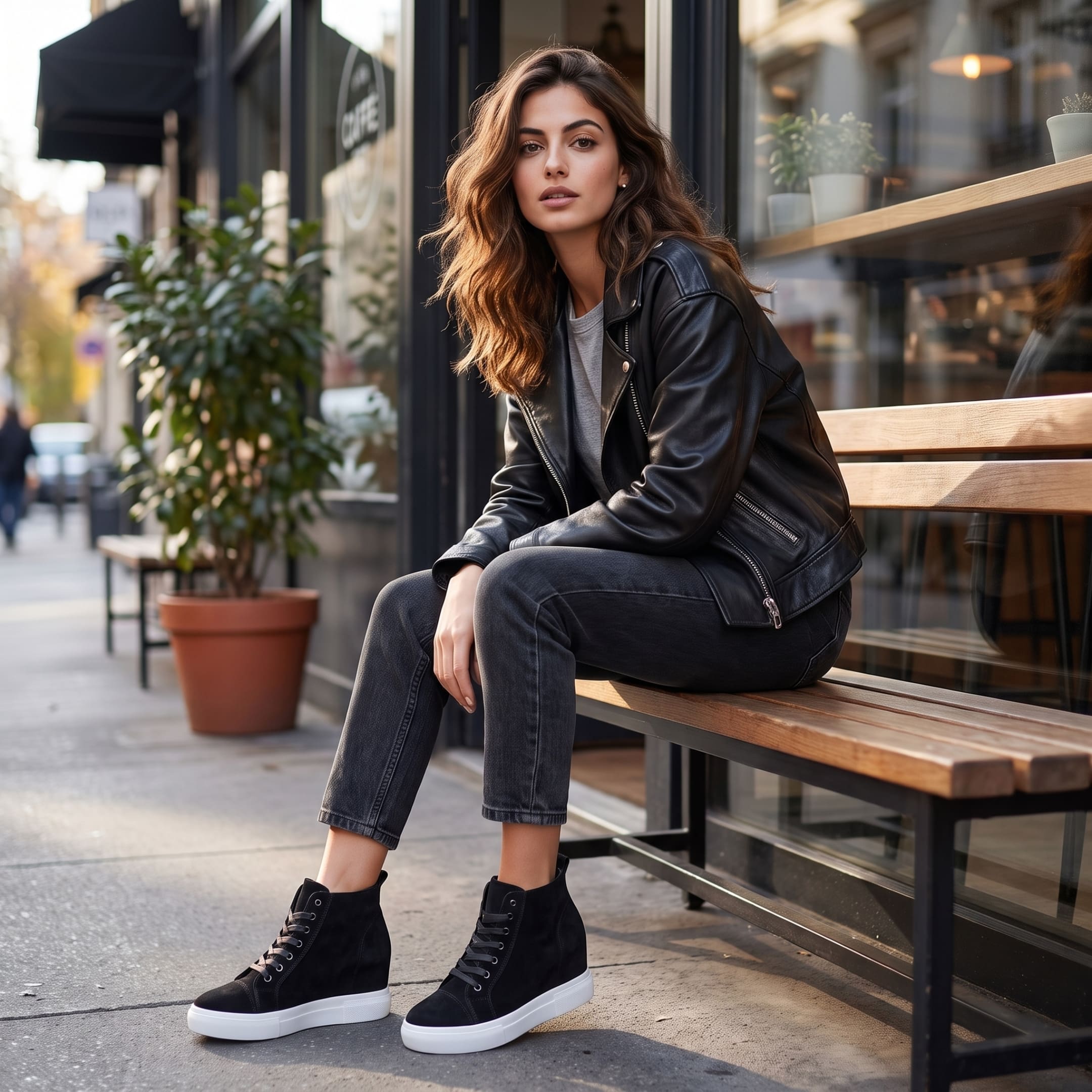 FORCIANO PRESLEY Black sneakers for Women with premium suede leather uppers and white soles, worn by a seated Woman in a casual city café lifestyle scene.