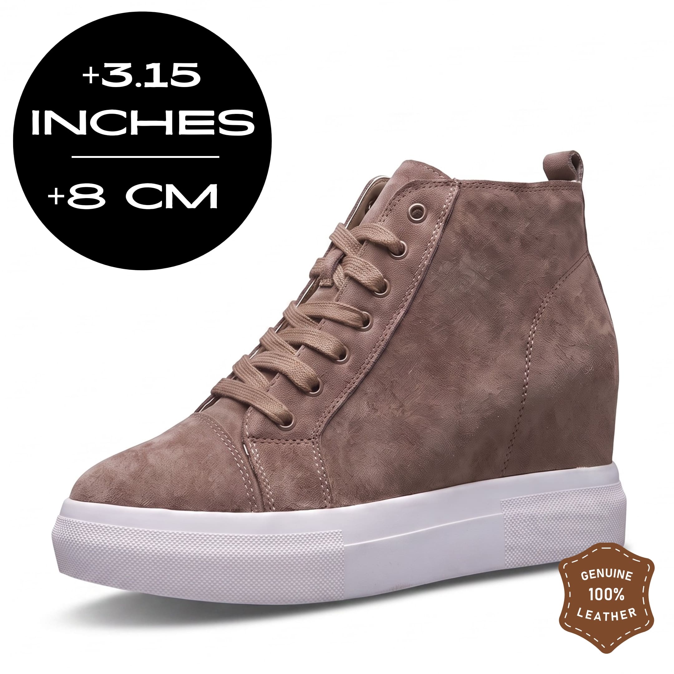FORCIANO PRESLEY Khaki Height Increasing Sneakers for Women in premium suede leather, shown at a front angle with an 8 cm / 3.15 inches height graphic and leather badge.