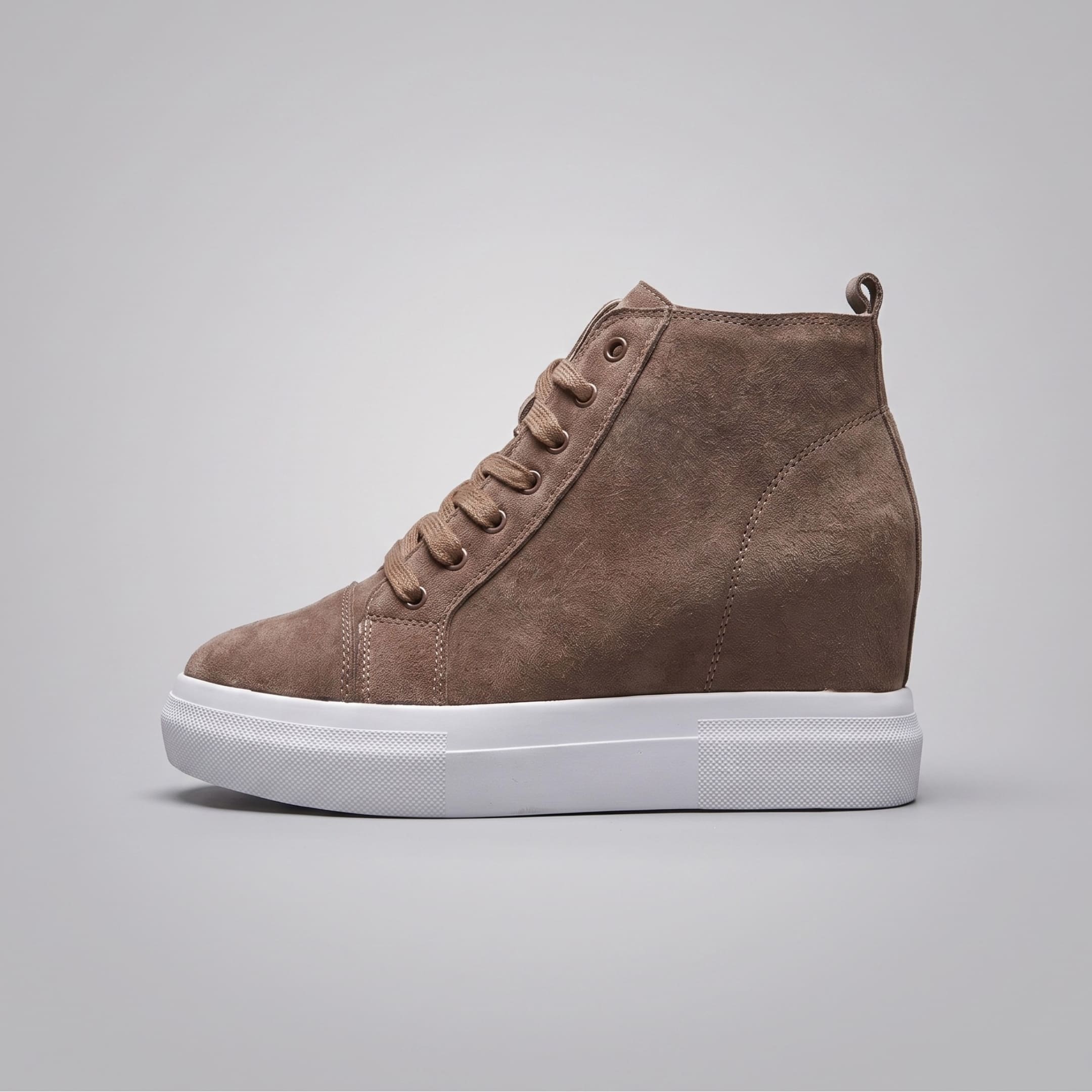 FORCIANO PRESLEY Suede Leather Sneakers for Women in Khaki, shown in a clean side profile with concealed wedge shape, lace-up upper and white sole.