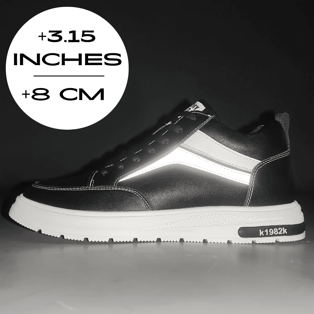 FORCIANO PRIME black height increasing sneakers with reflective side accents shown from the side with an 8 cm / 3.15" height increase graphic.