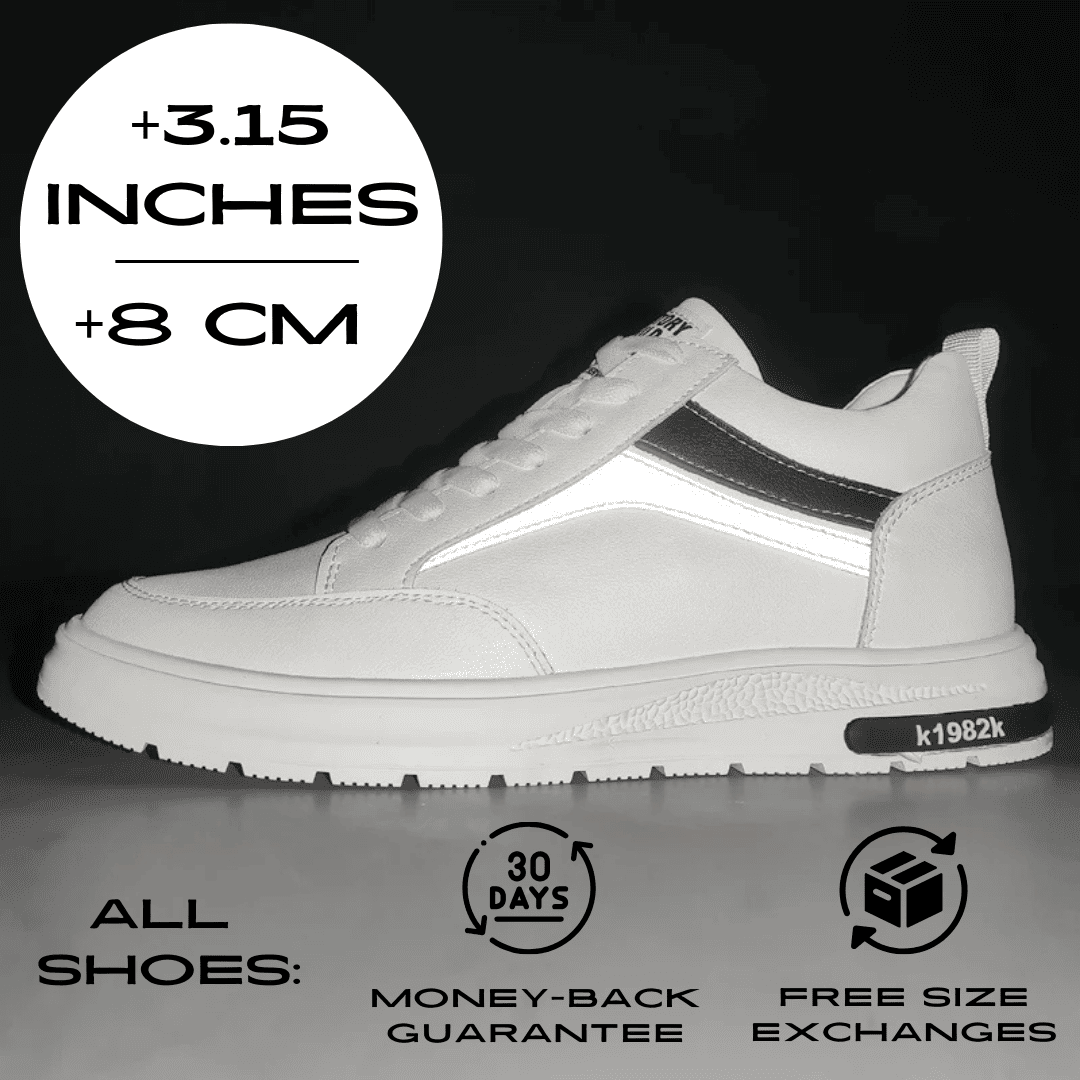 FORCIANO PRIME white height increasing sneakers with black and gray reflective accents shown from the side with an 8 cm / 3.15" height graphic and service icons.