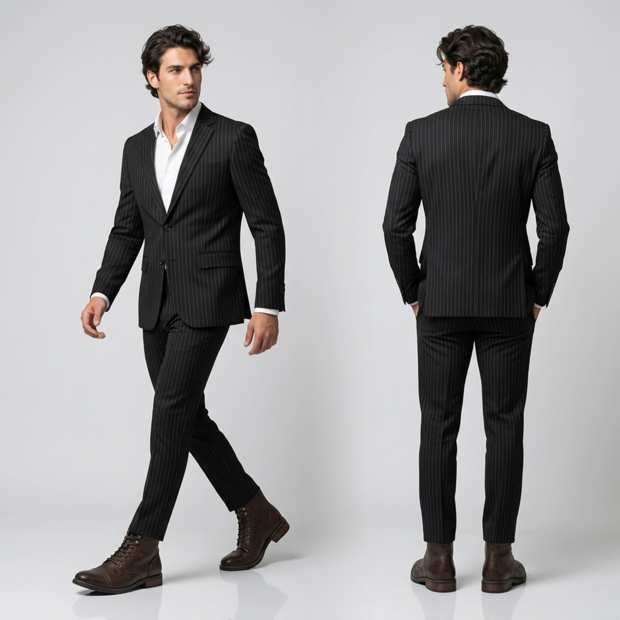 FORCIANO RANGER chestnut brown premium leather Elevator Boots worn with a black pinstripe suit in front and rear formal lifestyle views.