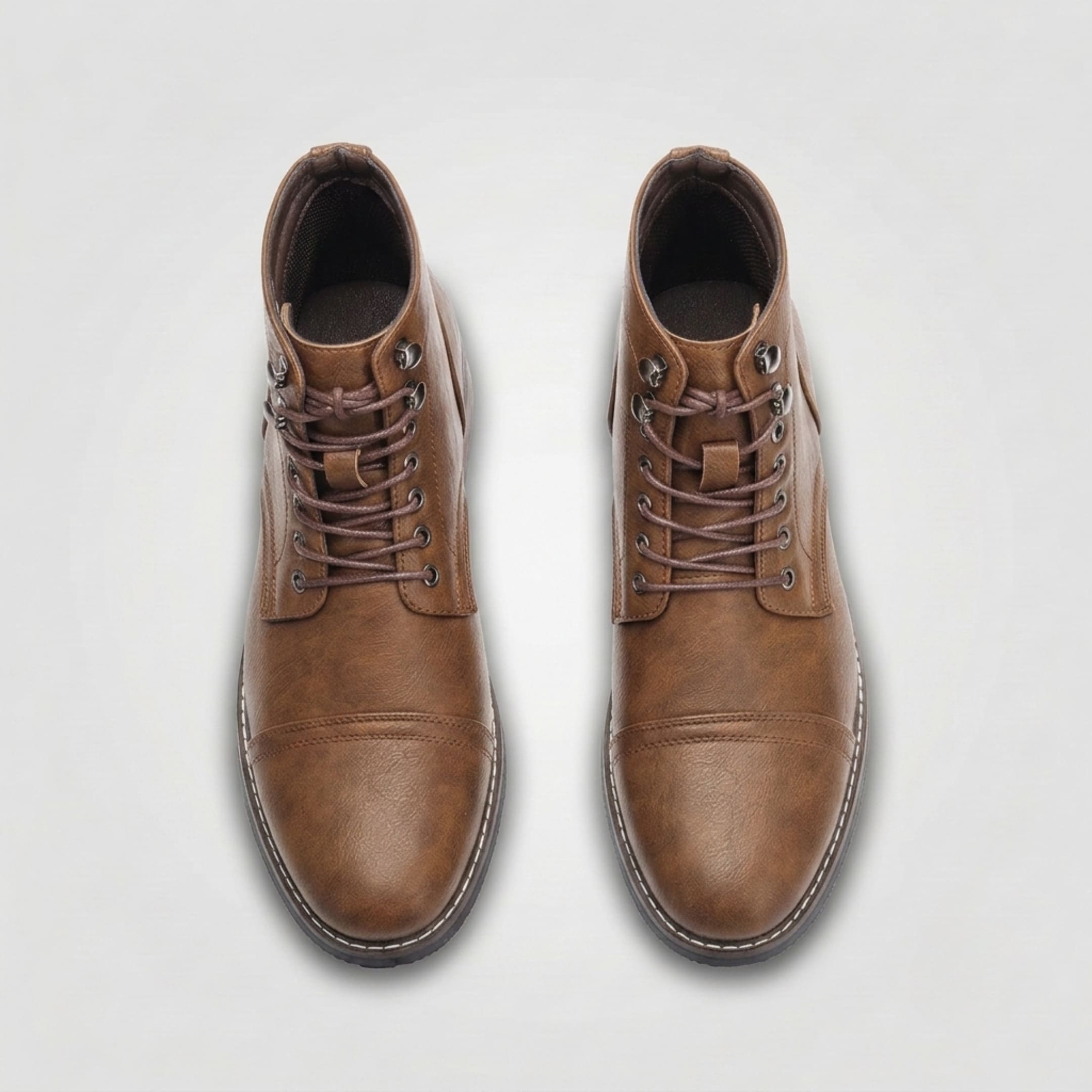 FORCIANO RANGER light brown premium leather Elevator Boots shown from above, highlighting the laces, metal eyelets and cap-toe design.