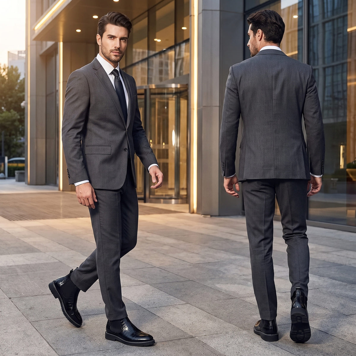 FORCIANO RAPTOR men's elevator boots in black worn with a gray suit in front and rear business lifestyle views outdoors.