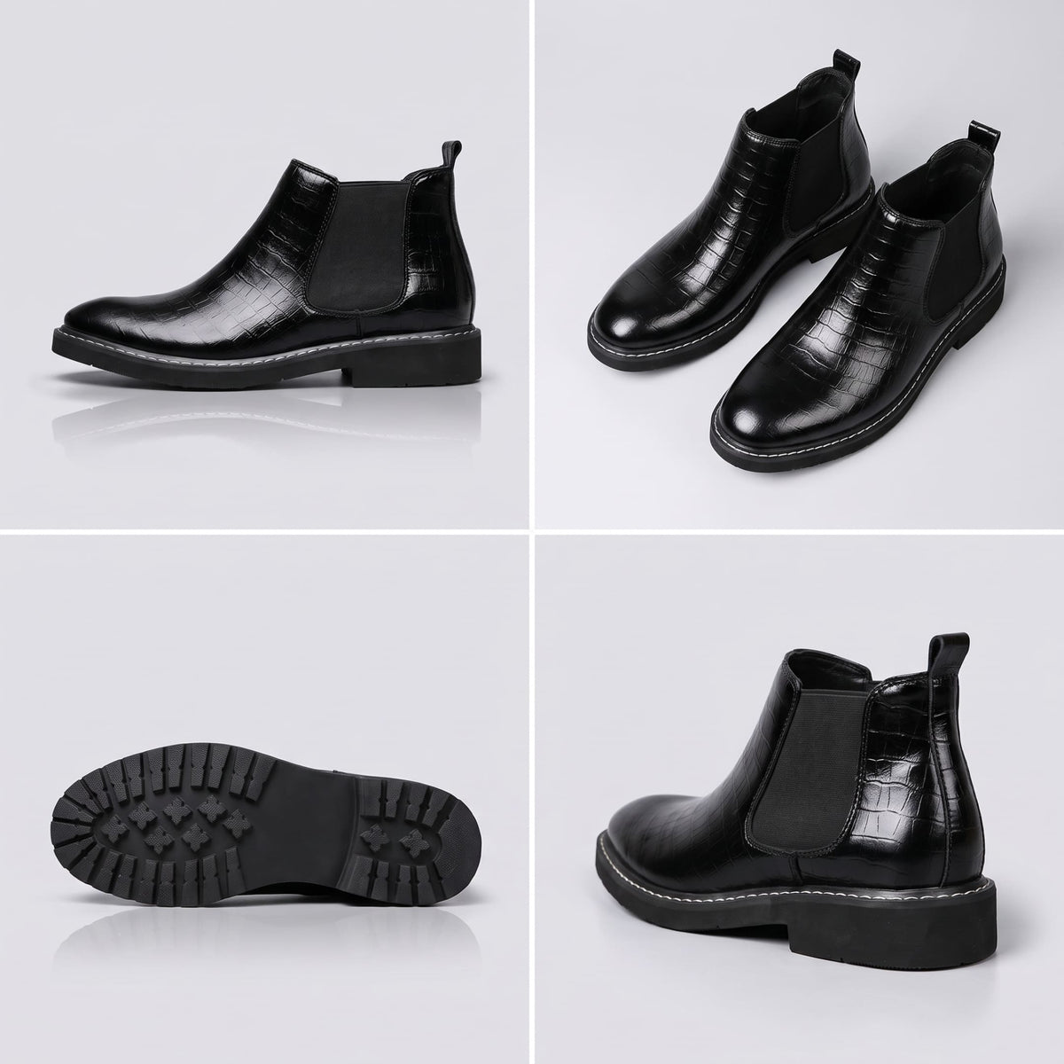 FORCIANO RAPTOR men's elevator boots in black shown in a multi-view collage with side profile, pair, outsole and rear-angle views.