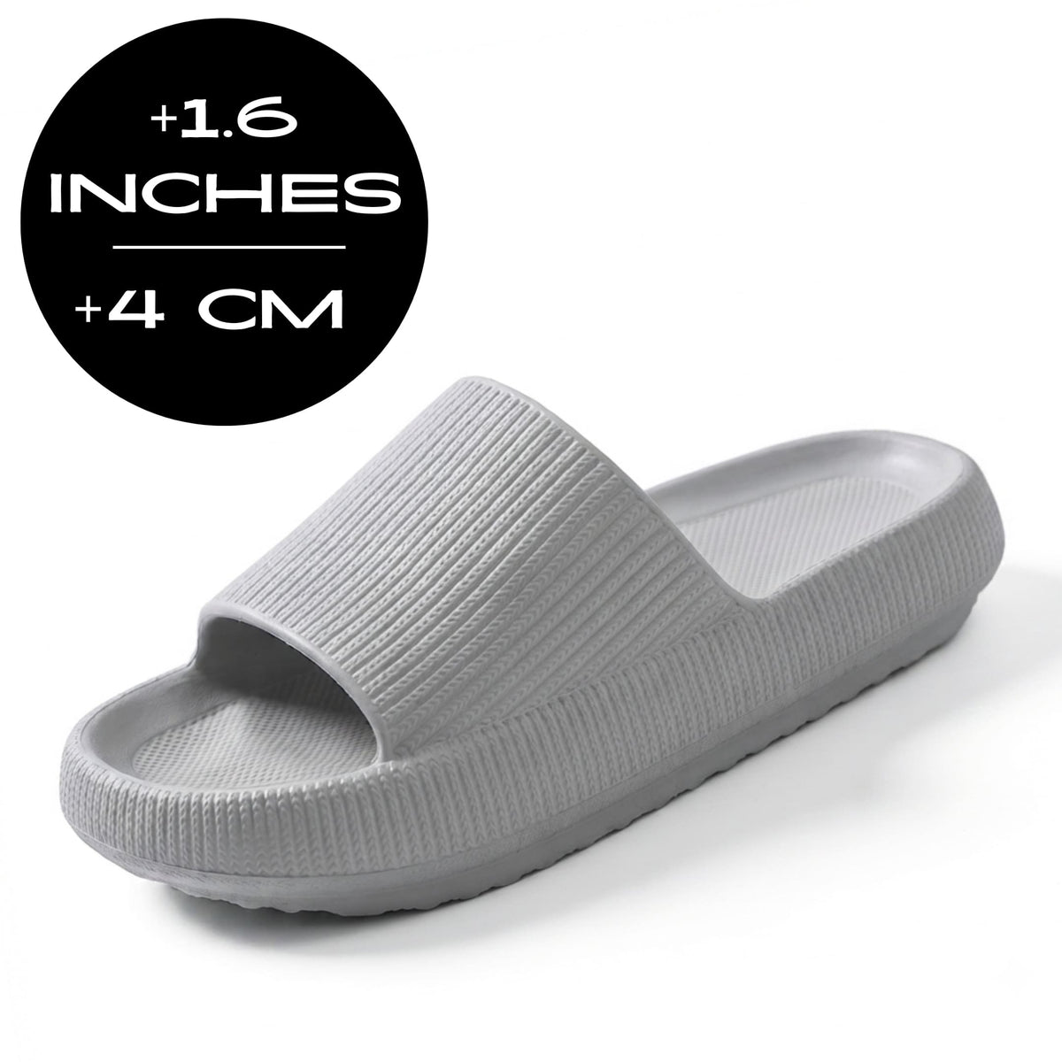 FORCIANO REESE gray elevator slippers for women shown in a front three-quarter view with textured lightweight EVA upper and 4 cm / 1.6" height graphic.
