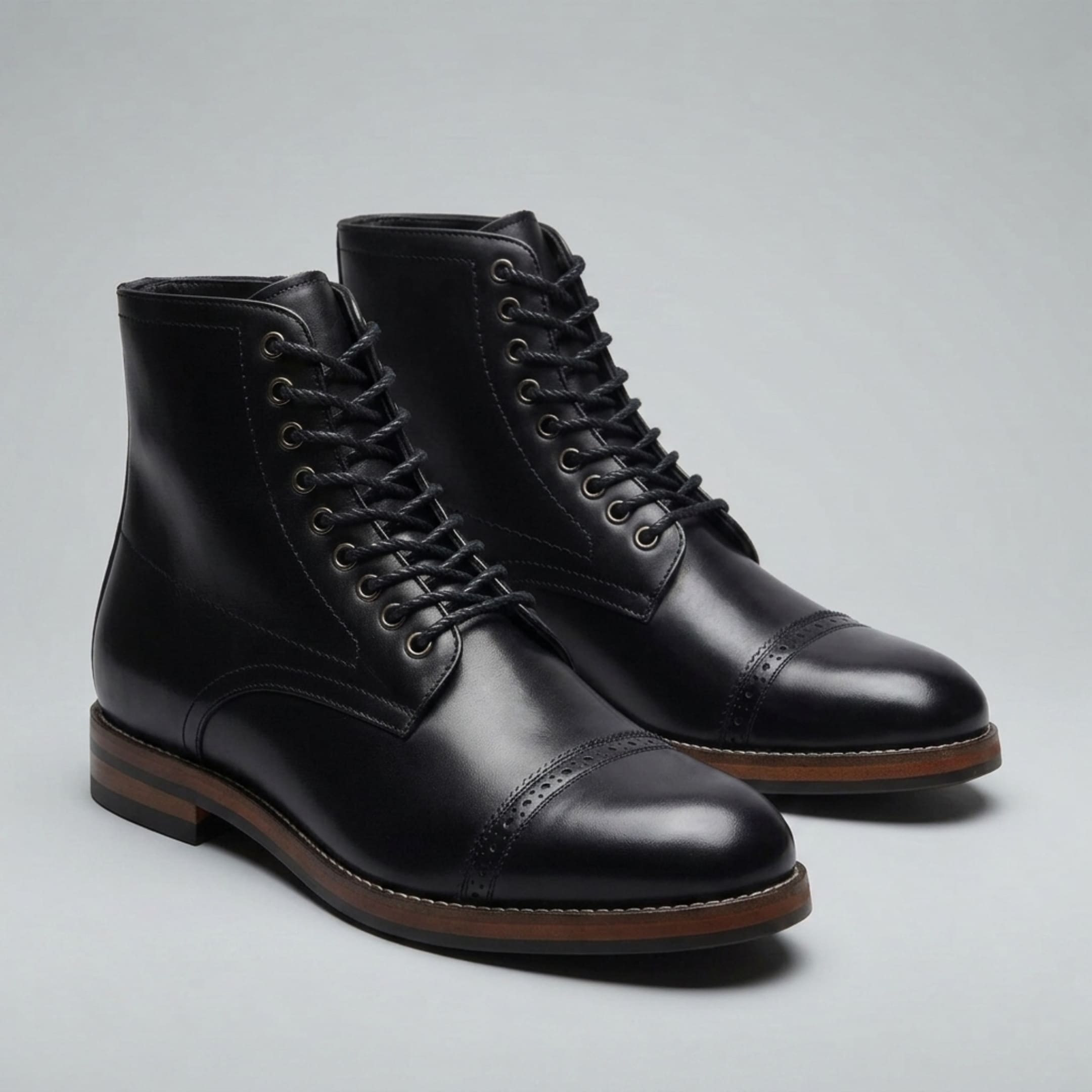 FORCIANO ROMANO black height increasing boots with genuine leather uppers shown as a pair from a front three-quarter angle with cap-toe detailing.