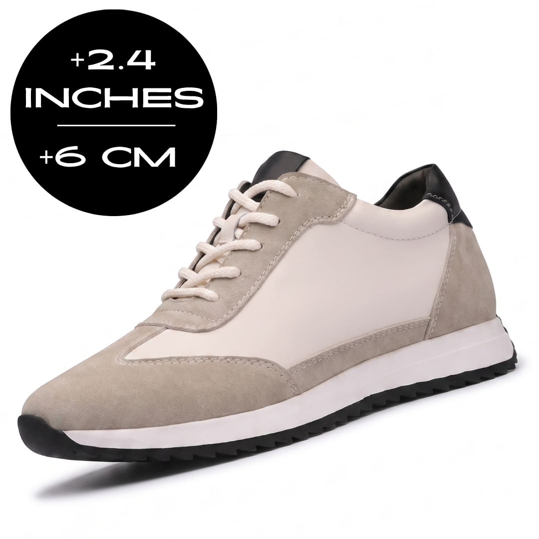 FORCIANO SALVATORE beige height increasing sneakers with cow suede upper and black accents shown with the 6 cm / 2.4 inches height graphic.