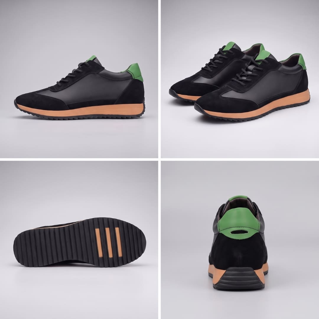 FORCIANO SALVATORE black height increasing sneakers with cow suede upper in a multi-view collage showing side profile, pair, outsole and rear views.