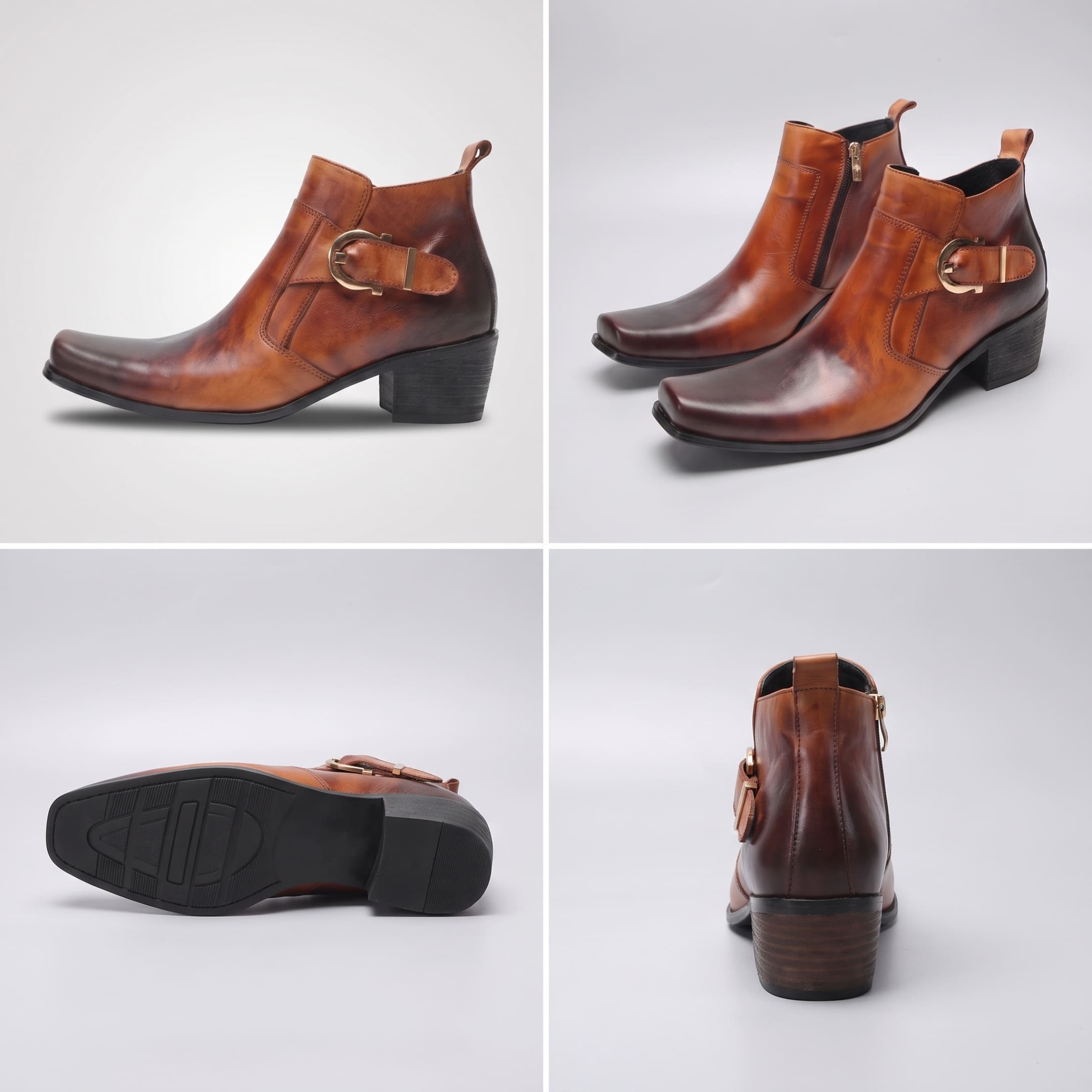 FORCIANO SCAROSSO brown genuine leather height increasing boots in a multi-view collage showing side profile, pair, outsole and rear views.