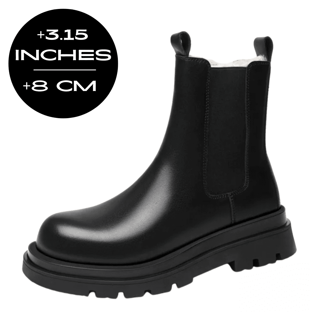 FORCIANO SENTINEL black elevator Chelsea boot product view with an 8 cm / 3.15 inches height increase graphic and visible elastic side panel.