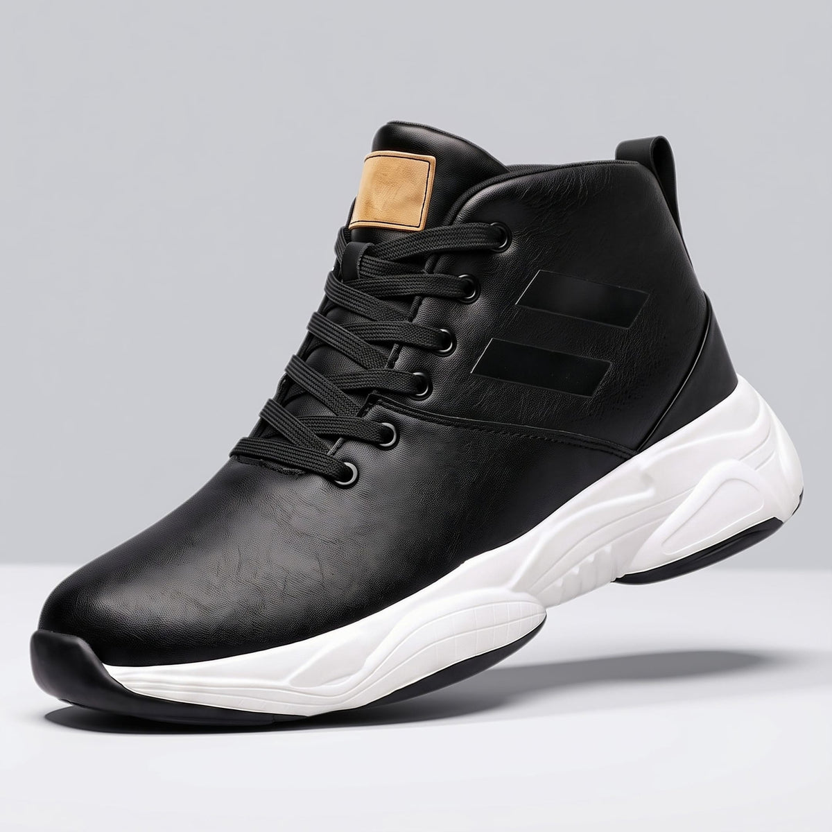 FORCIANO SONIC Height Boosting Sneakers in black with leather upper and white sole, shown from the front three-quarter angle.