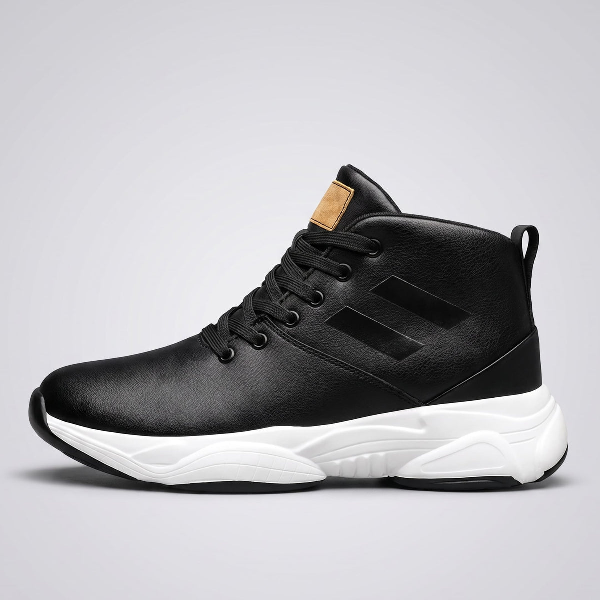 FORCIANO SONIC Height Boosting Sneakers in black with leather upper and contrasting white sole, shown in side profile.