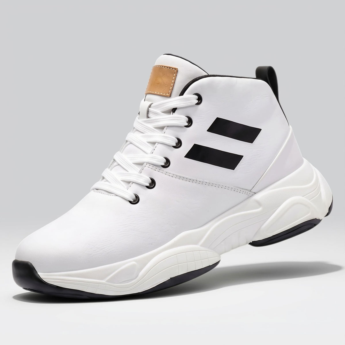 FORCIANO SONIC Height Boosting Sneakers in white with leather upper, shown as a single shoe from the front three-quarter angle.