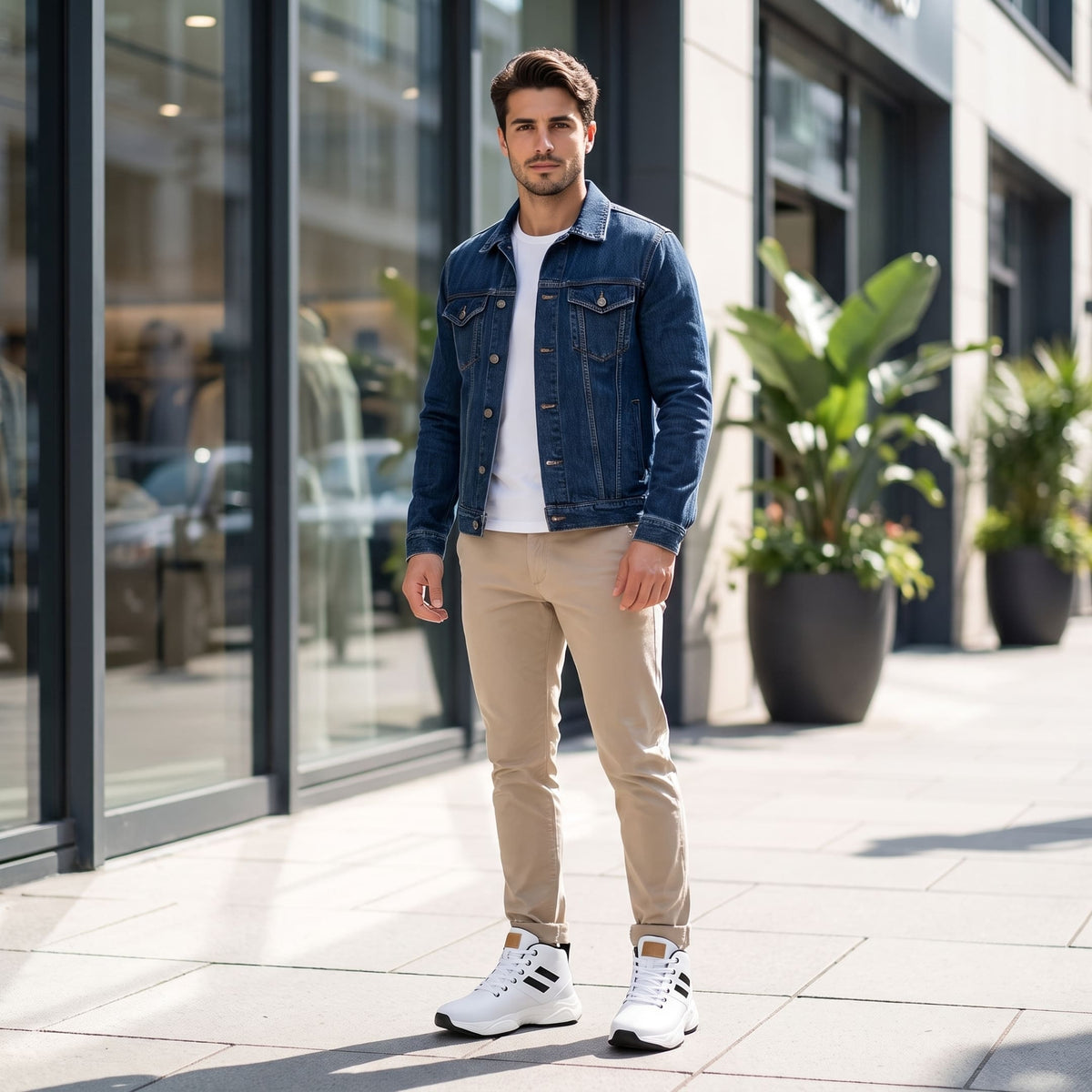 FORCIANO SONIC Height Boosting Sneakers in white with leather upper, worn by a standing male model in an outdoor lifestyle setting.