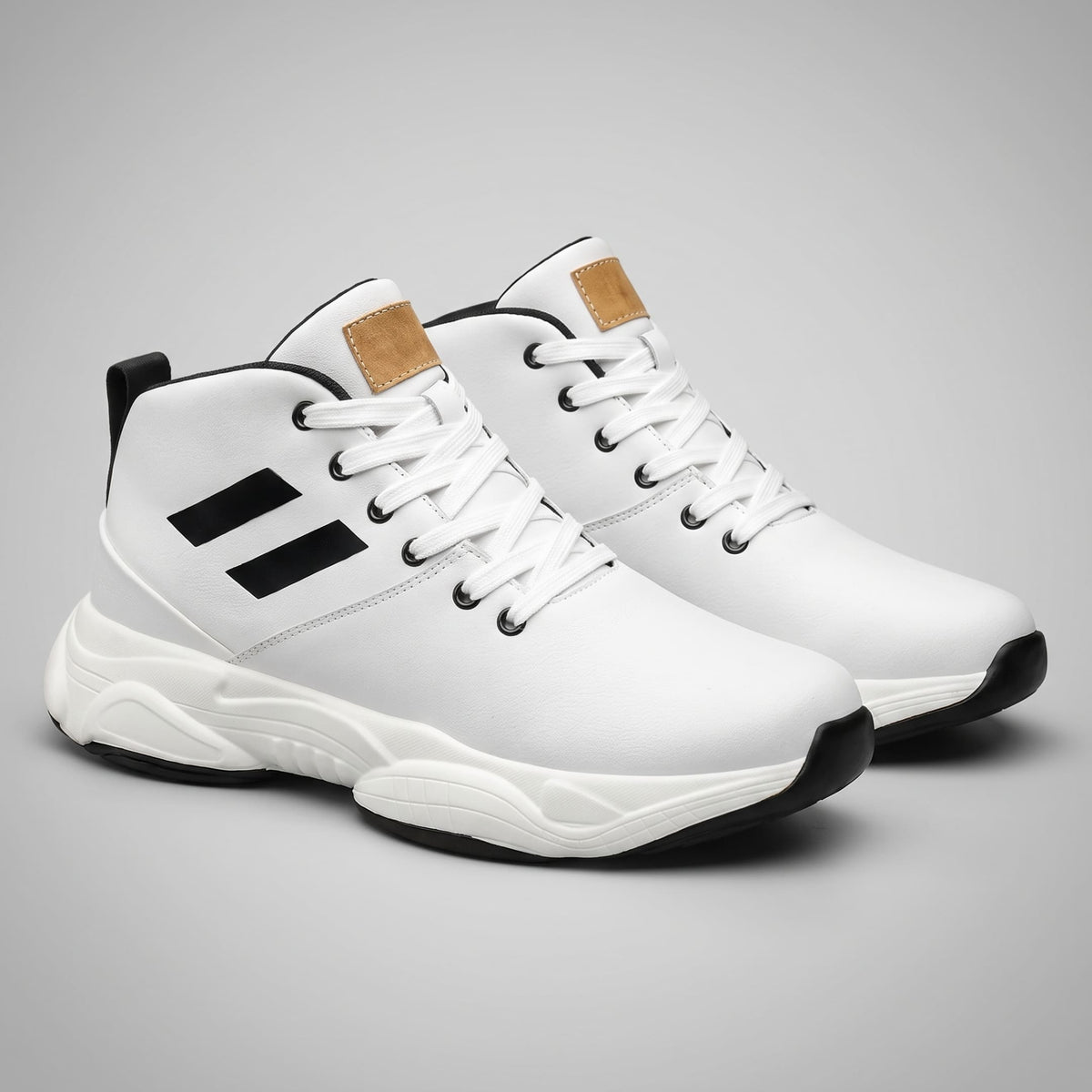FORCIANO SONIC Height Boosting Sneakers in white with leather upper, shown as a pair from the front three-quarter angle.
