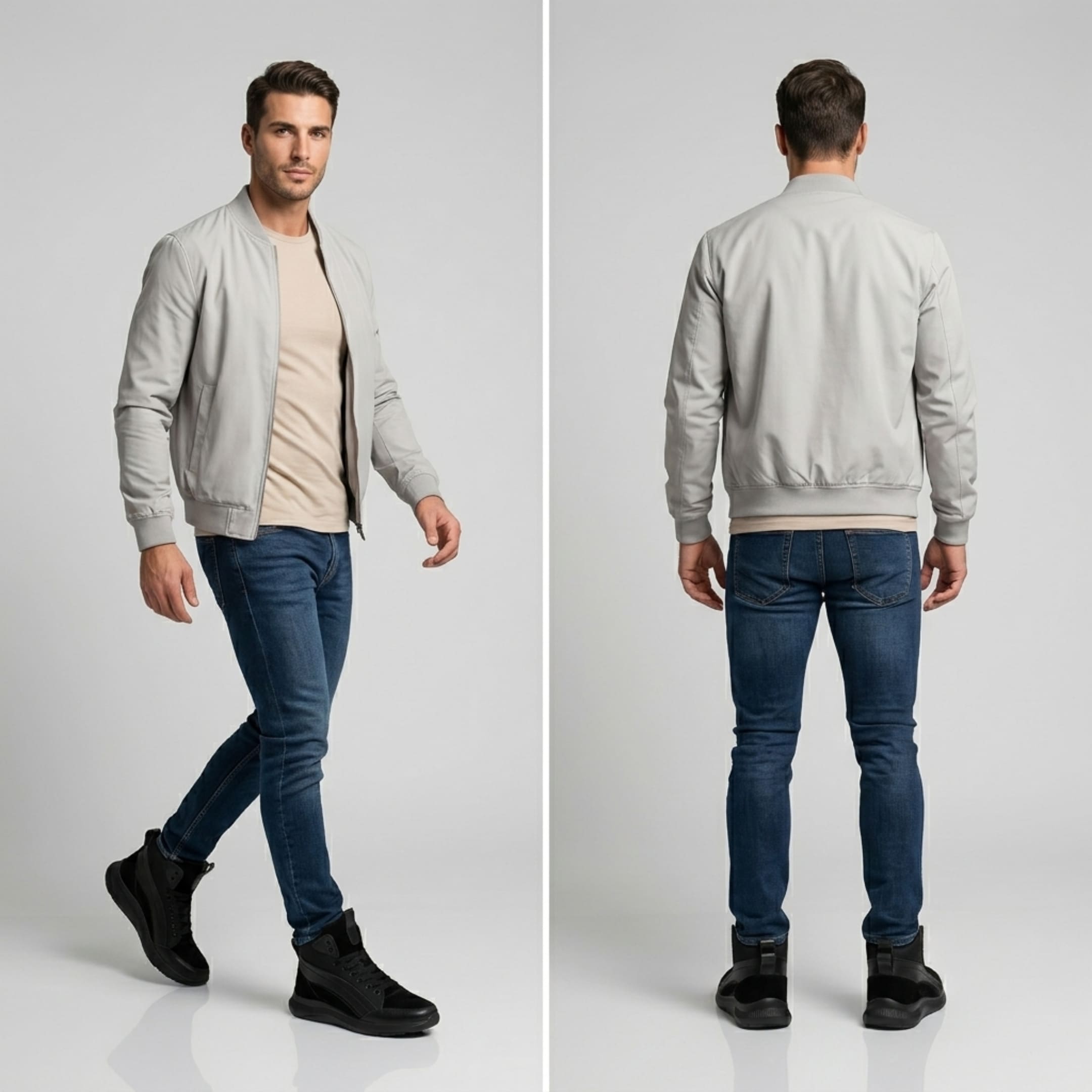 FORCIANO STRIDE black height increasing sneakers worn with jeans in front and rear lifestyle views.