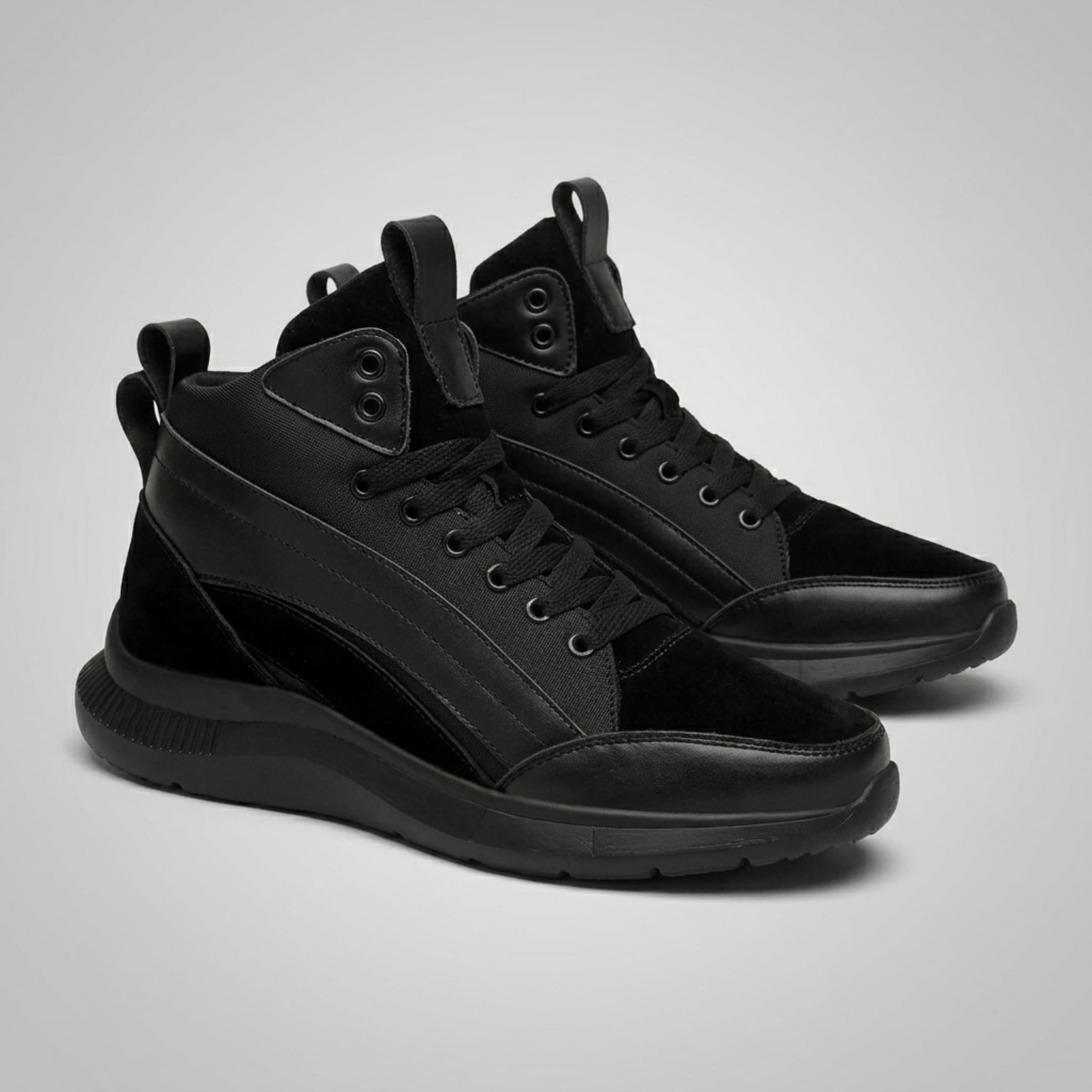 FORCIANO STRIDE black height increasing sneakers shown as a pair from a front three-quarter studio angle.