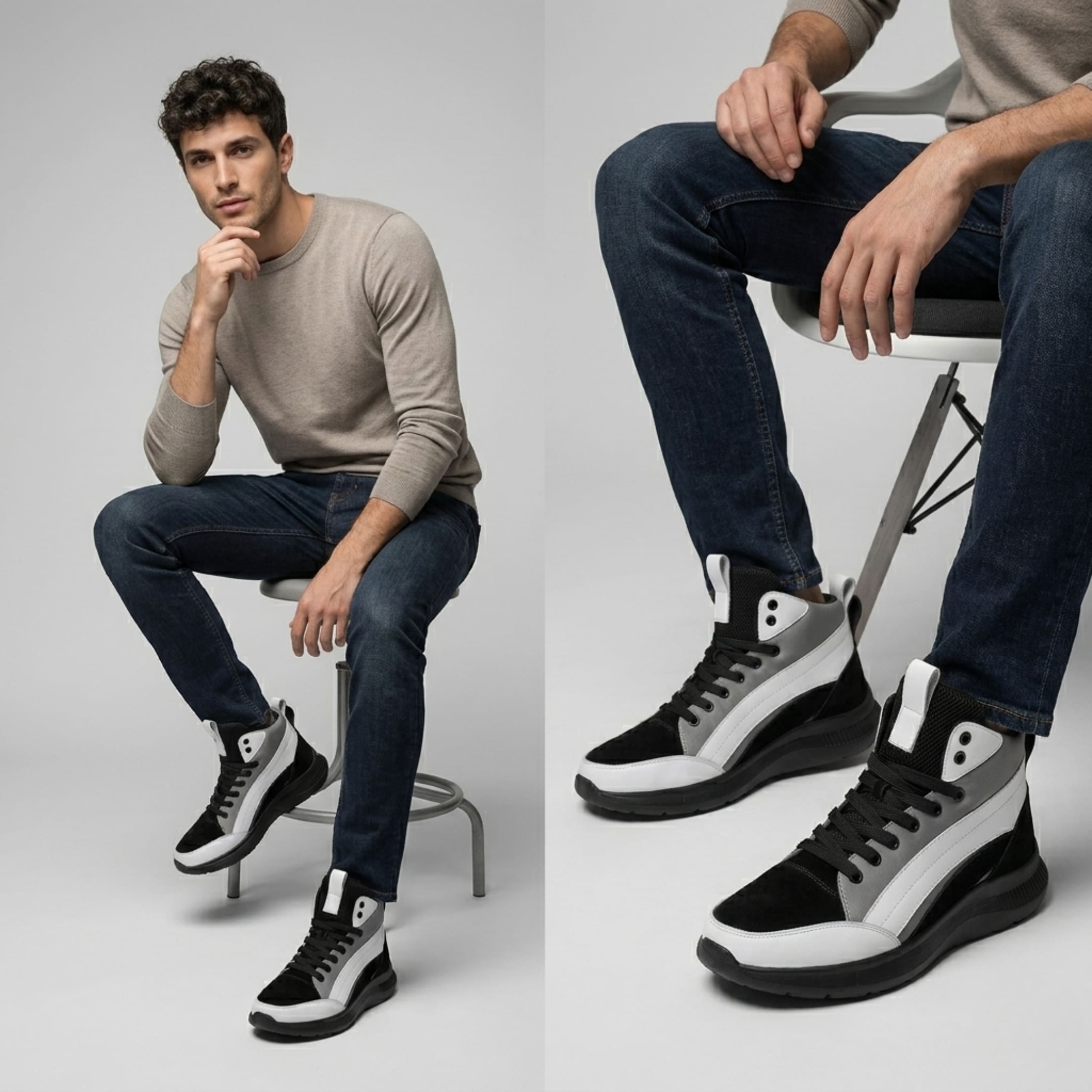 FORCIANO STRIDE grey, white and black elevator sneakers worn with jeans in a seated lifestyle view.