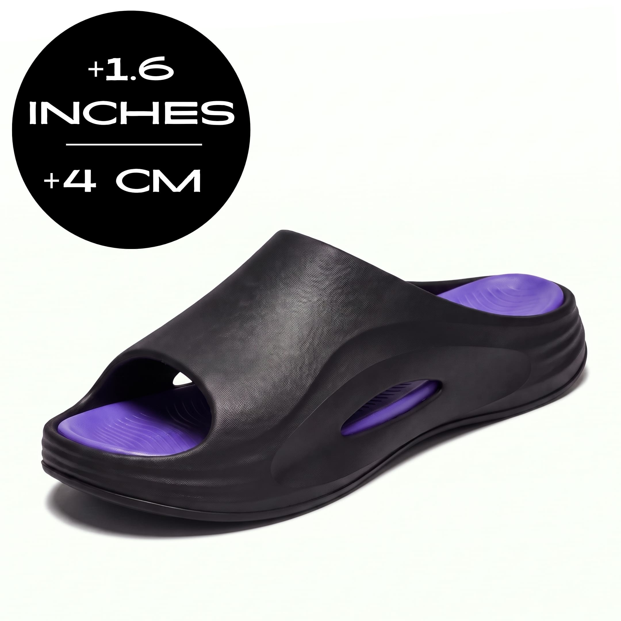 FORCIANO STRIKE Black Purple sandals height increasing shoes in an angled product view with the 4 cm / 1.6" height graphic visible.