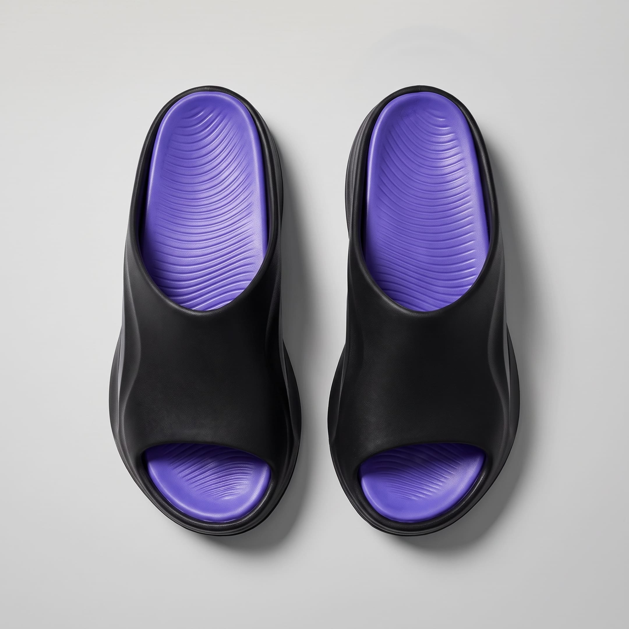 FORCIANO STRIKE Black Purple sandals height increasing shoes displayed in a top view as a pair with purple textured footbeds.