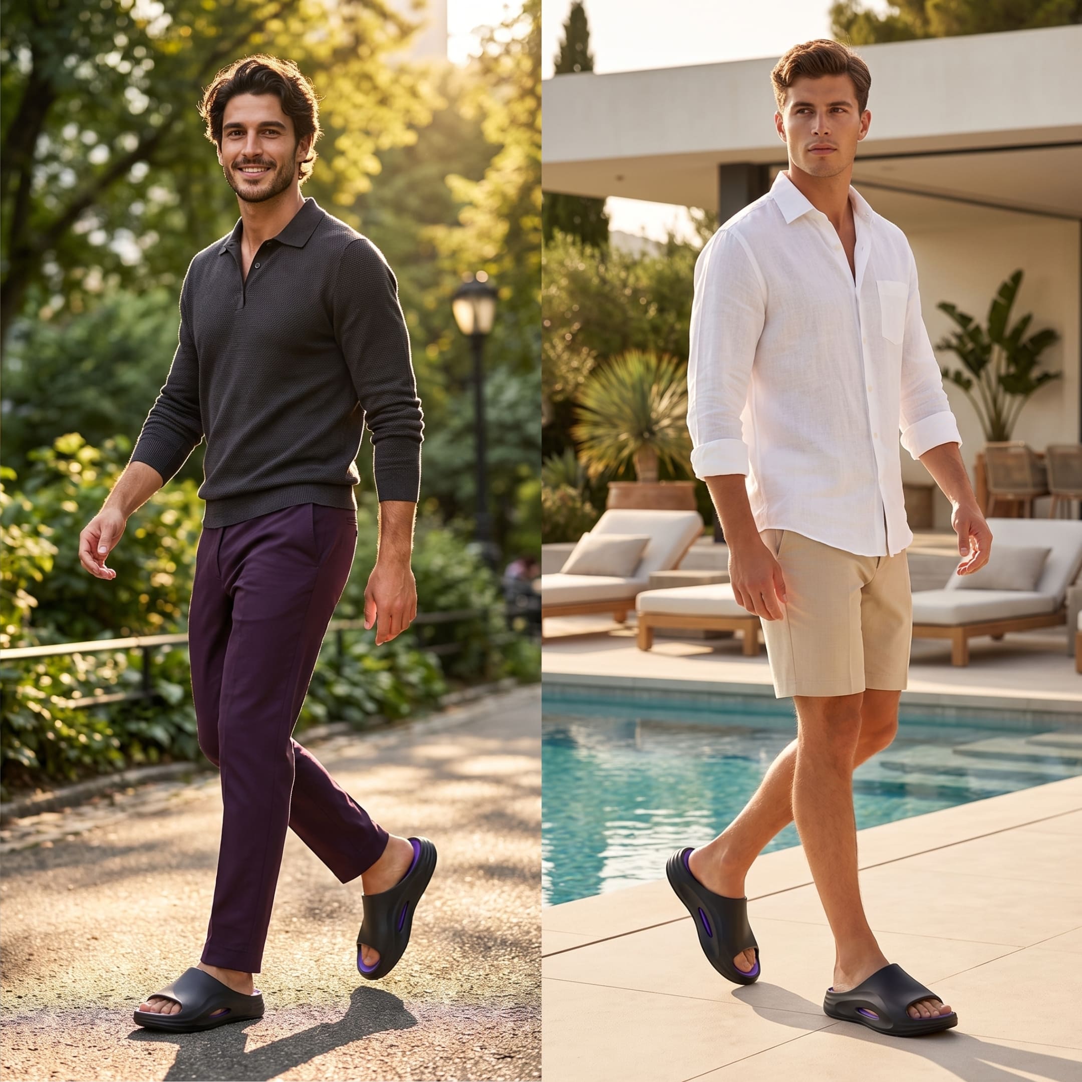 FORCIANO STRIKE Black Purple sandals height increasing shoes worn by men in a two-panel outdoor and poolside lifestyle scene.