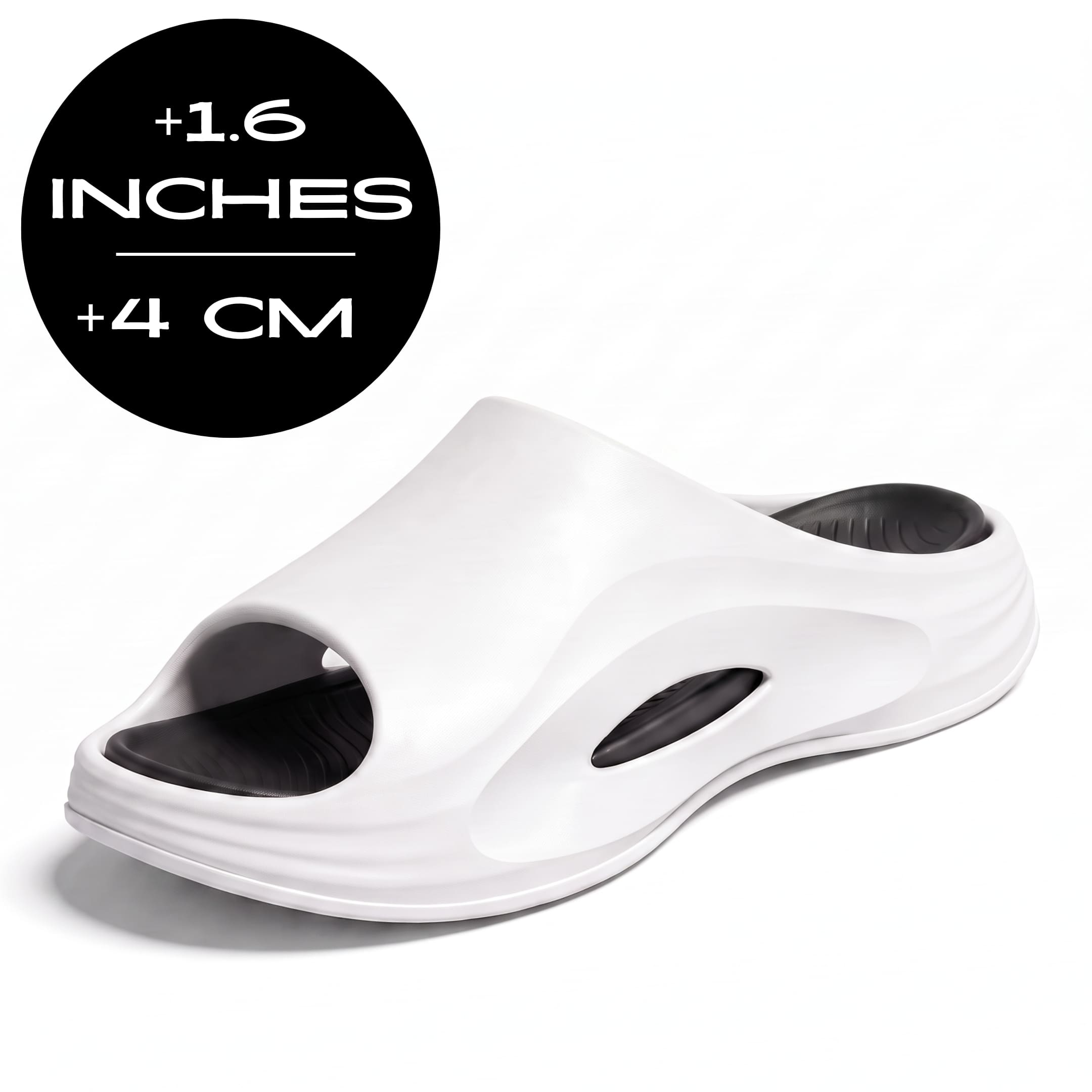 FORCIANO STRIKE White Black sandals height increasing shoes shown from a front three-quarter angle with a 4 cm / 1.6" height graphic.