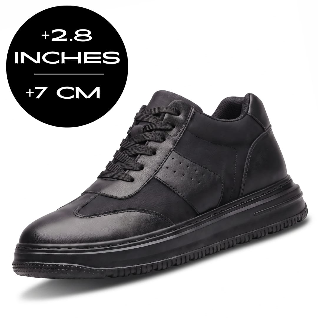 Black FORCIANO TORINO Height Increasing Sneakers with leather upper shown from a front angle with 7 cm / 2.8" height graphic.