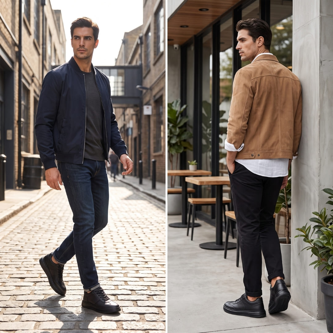 Black FORCIANO TORINO Height Increasing Sneakers with leather uppers shown worn in two outdoor lifestyle settings.