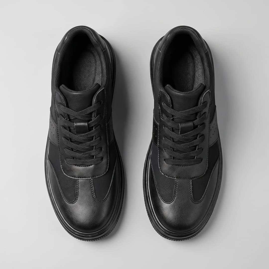 Pair of black FORCIANO TORINO Height Increasing Sneakers with leather uppers and black laces shown from the top.