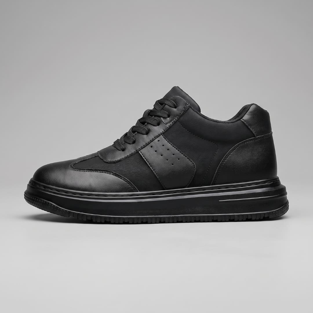 Black FORCIANO TORINO Height Increasing Sneakers with leather upper shown in a full side profile.