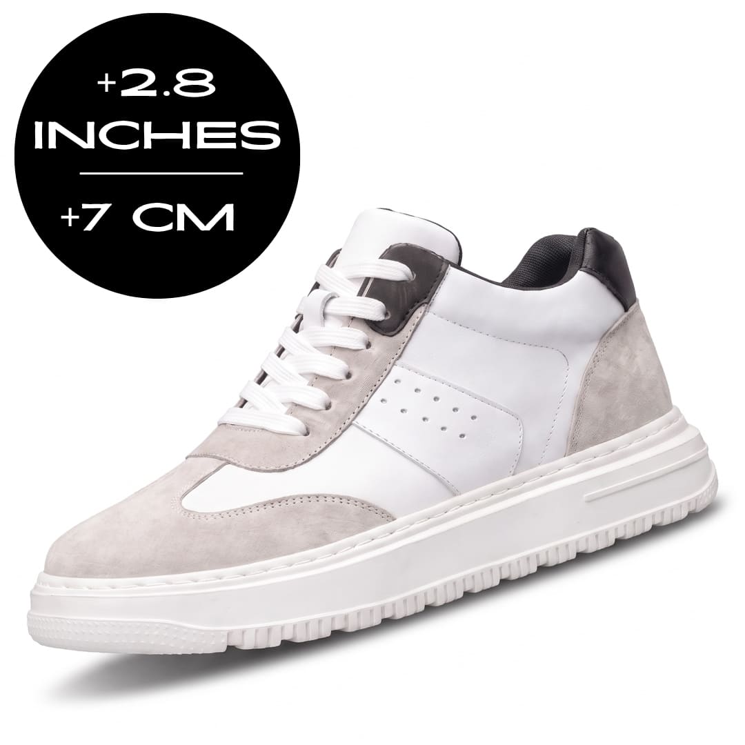 White FORCIANO TORINO Height Increasing Sneakers with leather upper shown from a front angle with 7 cm / 2.8" height graphic.
