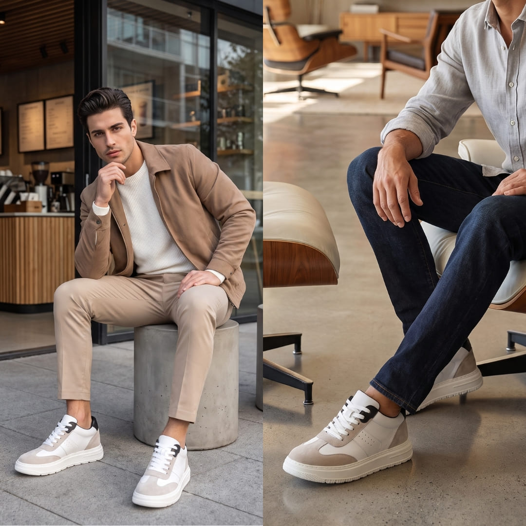 White FORCIANO TORINO Height Increasing Sneakers with leather uppers shown worn in two casual lifestyle settings.