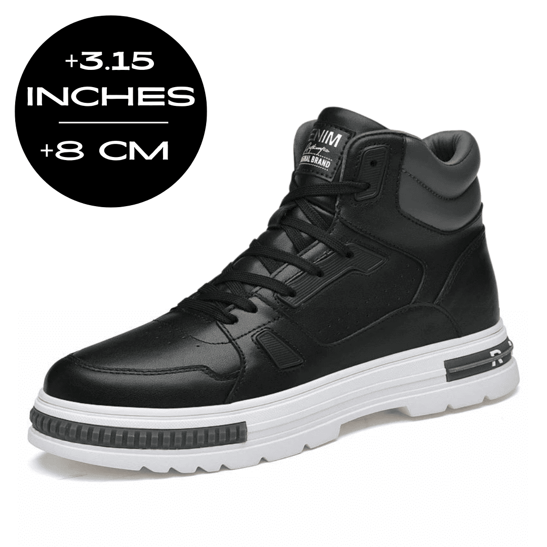 FORCIANO VADER black height increasing sneaker with a white sole, shown from a front three-quarter angle with an 8 cm / 3.15 inches graphic.