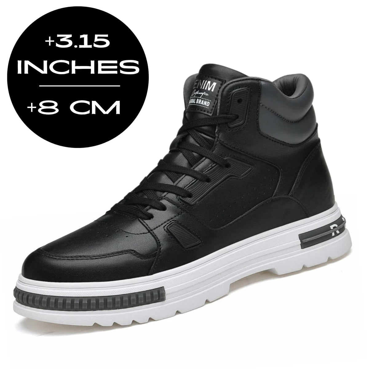 FORCIANO VADER Height Increasing Sneakers in black with white sole, shown at a front angle with 8cm / 3.15" height graphic.