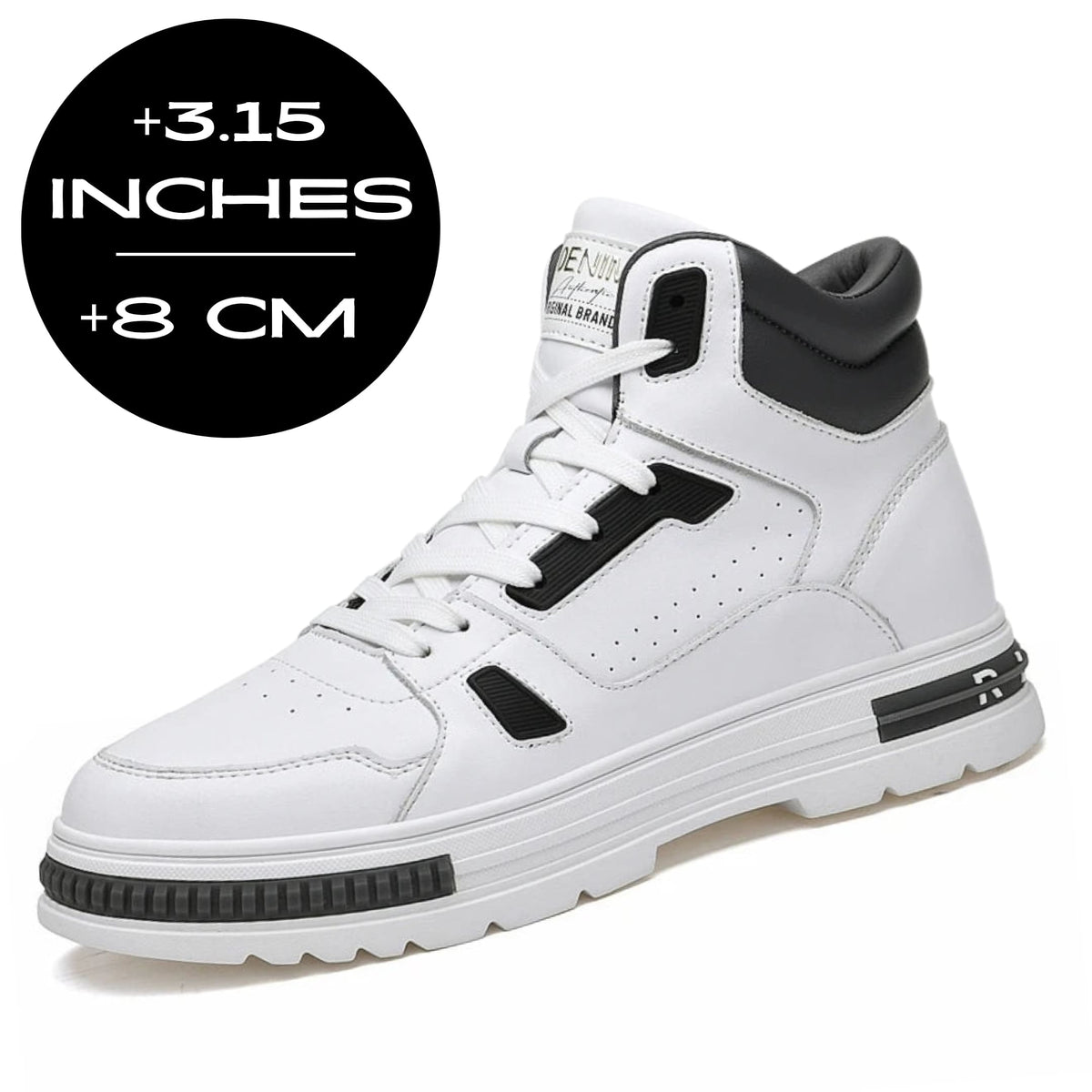 FORCIANO VADER Height Increasing Sneakers in white and black, shown at a front angle with 8cm / 3.15" height graphic.