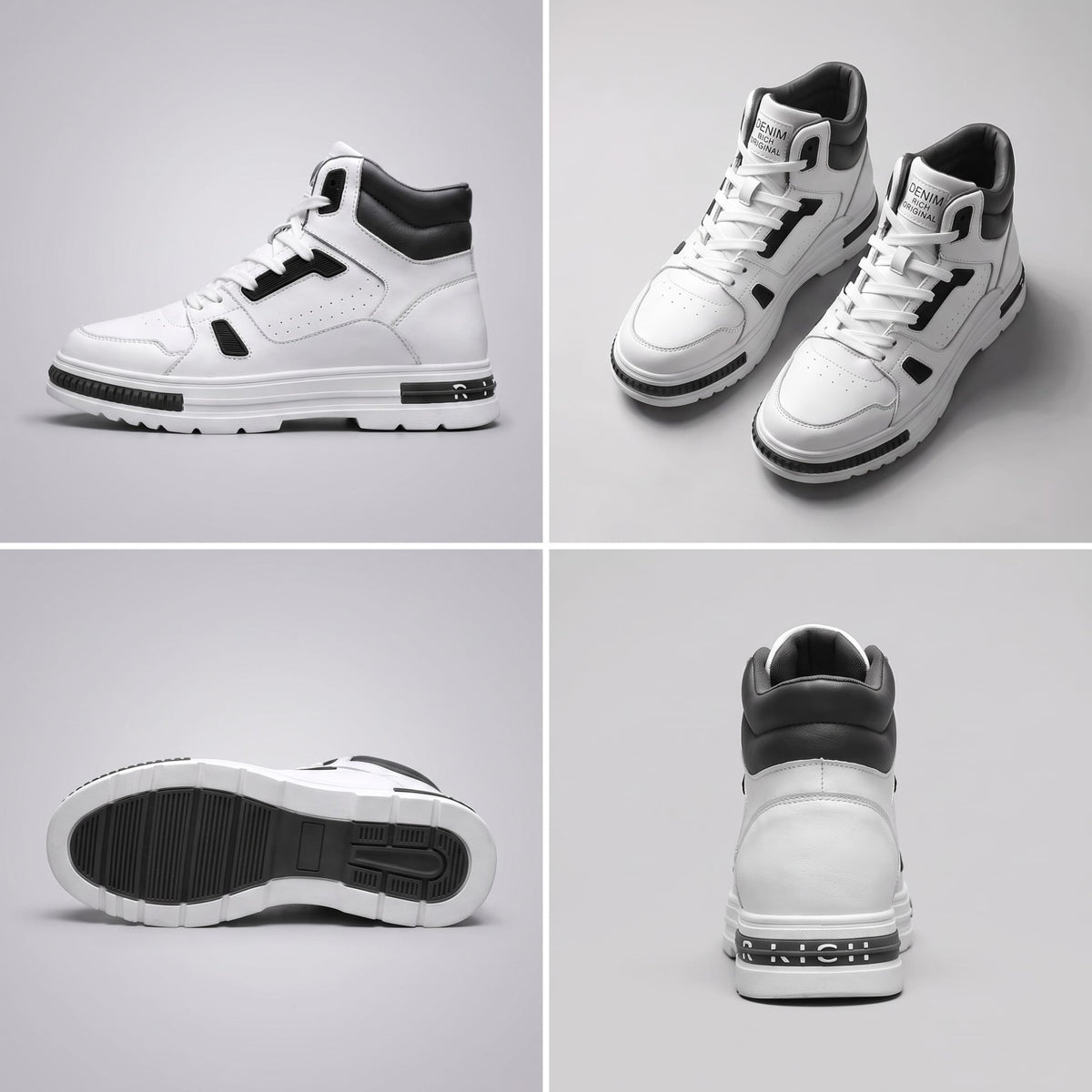 FORCIANO VADER Height Increasing Sneakers in white and black shown in a multi-view collage with side, pair, outsole and rear views.