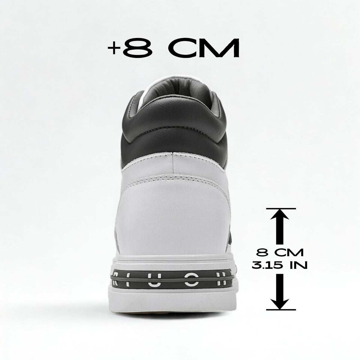Rear view of FORCIANO VADER Height Increasing Sneakers in white and black with 8cm / 3.15" height increase graphic.