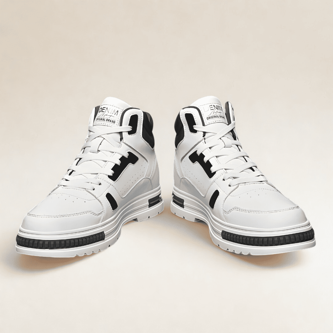 FORCIANO VADER white height increasing sneakers with black accents displayed as a pair from the front.