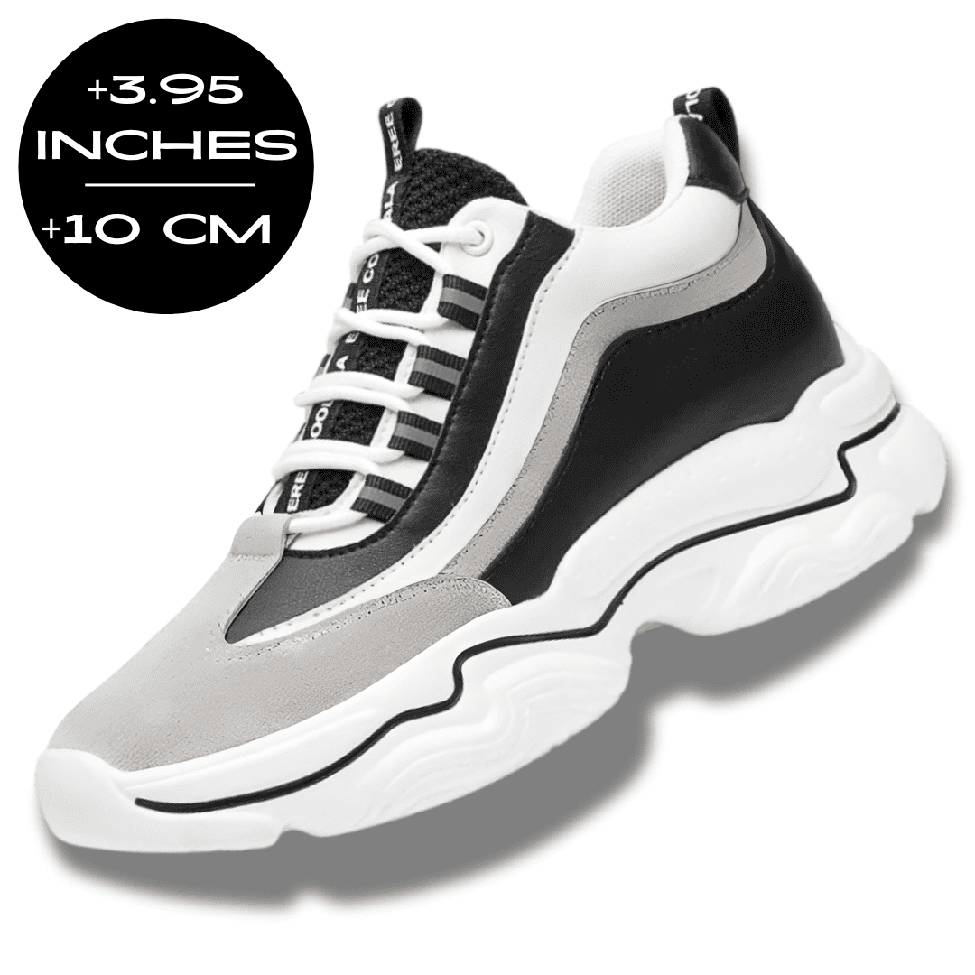 FORCIANO VALENCIA black and white Height Increasing Sneakers for Women shown with the maximum 10 cm / 3.95 inches height graphic.
