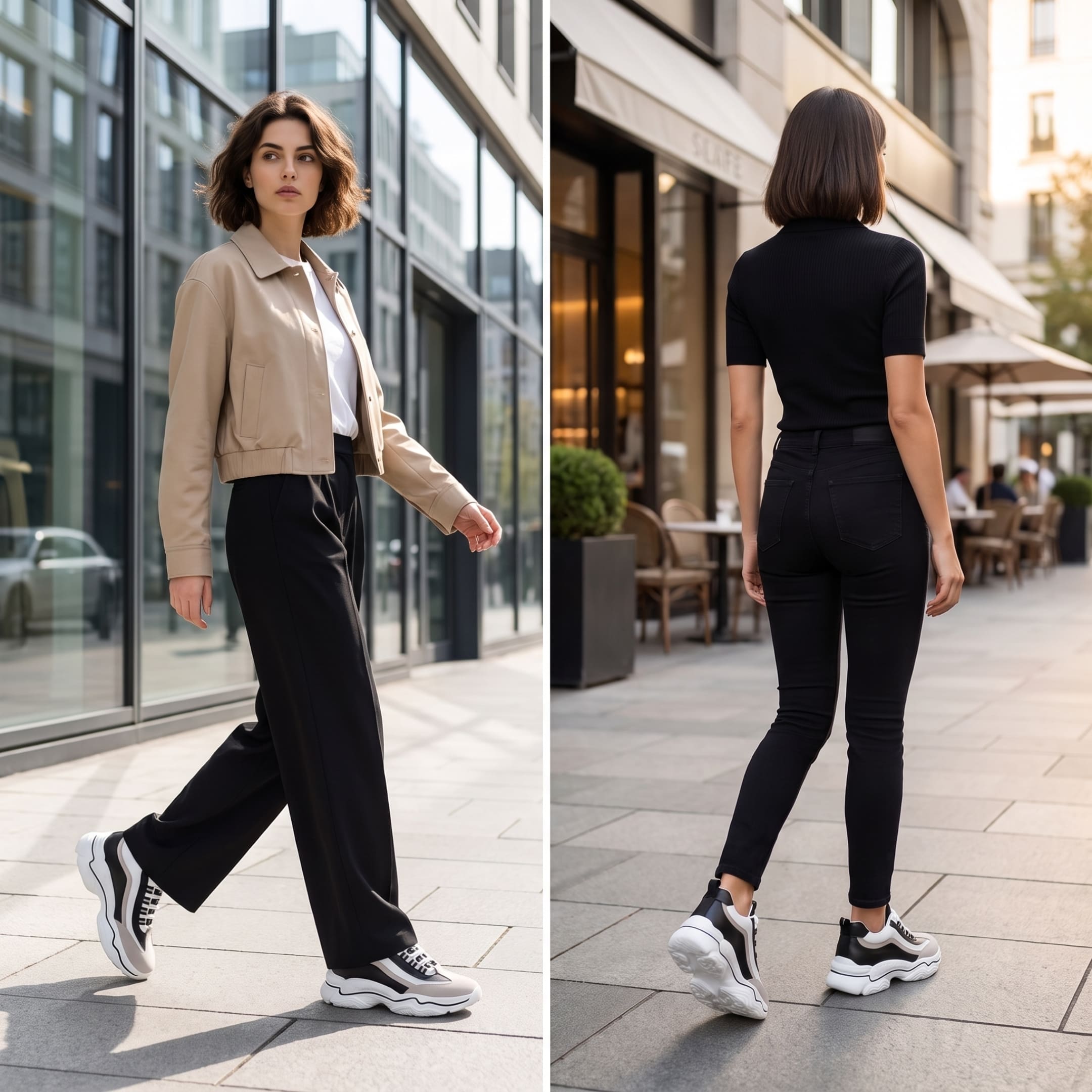 FORCIANO VALENCIA black and white Height Increasing Sneakers for Women worn in an urban lifestyle scene with front walking and rear views.