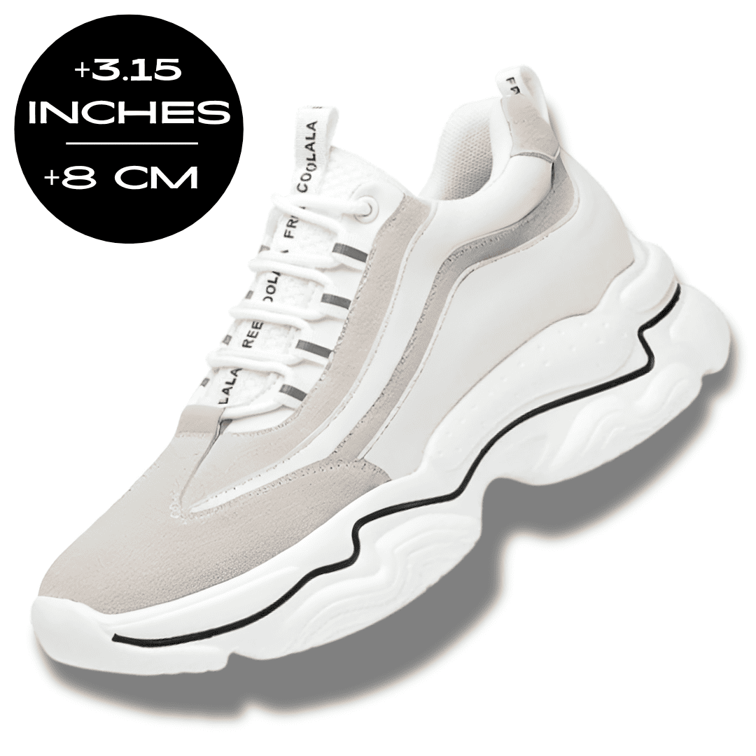 FORCIANO VALENCIA Height Increasing Sneakers for Women in white, shown with the 8 cm / 3.15 inches height graphic and breathable mesh details.