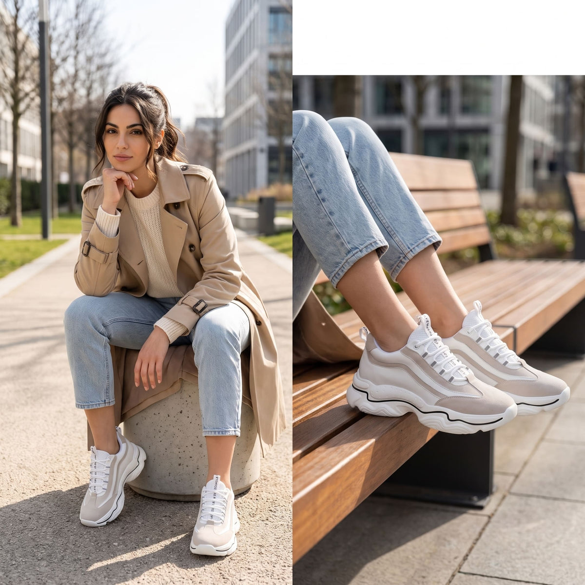 FORCIANO VALENCIA white Height Increasing Sneakers for Women worn in a casual outdoor lifestyle scene with two seated views of the sneakers.