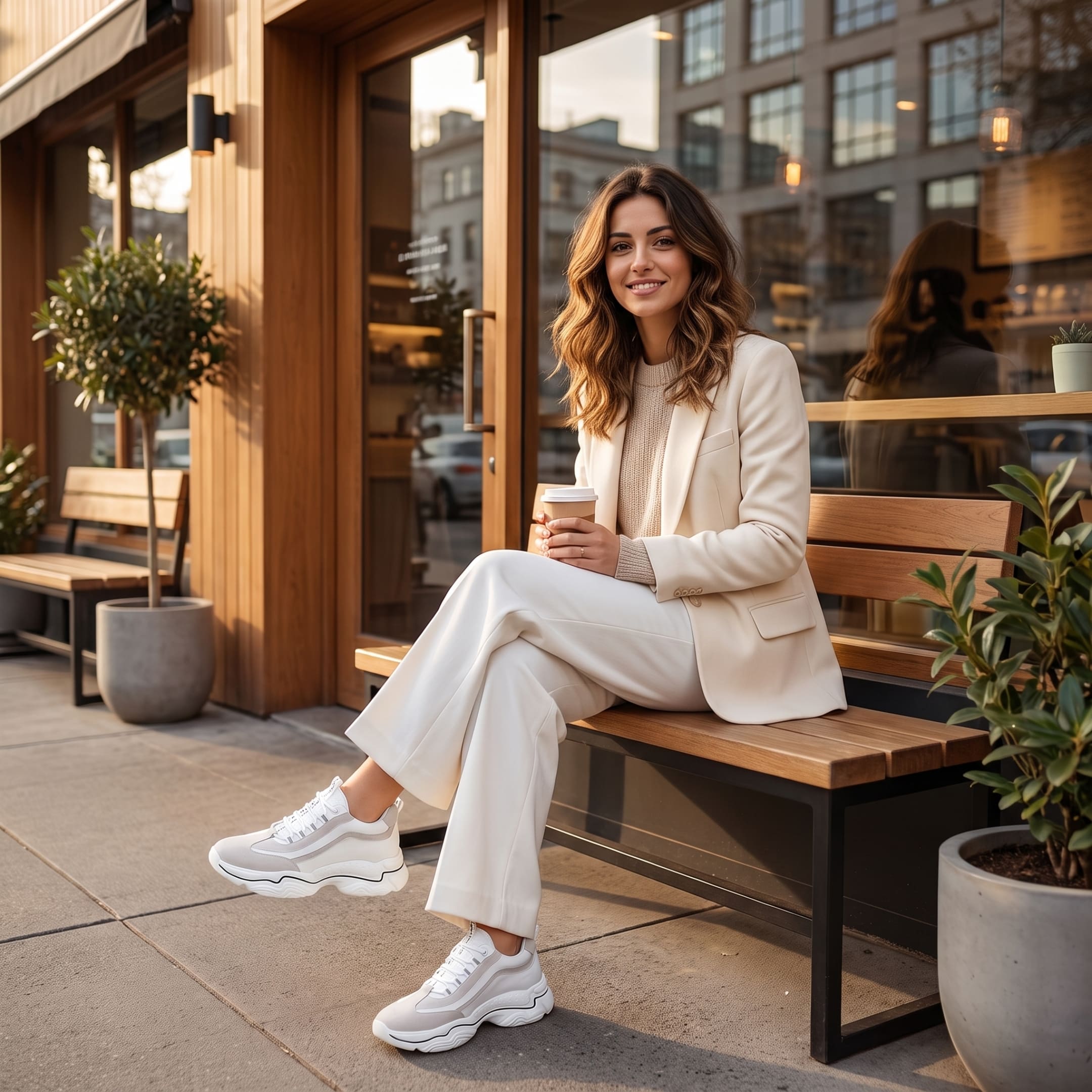 FORCIANO VALENCIA white Height Increasing Sneakers for Women worn by a seated woman in an outdoor café lifestyle setting.