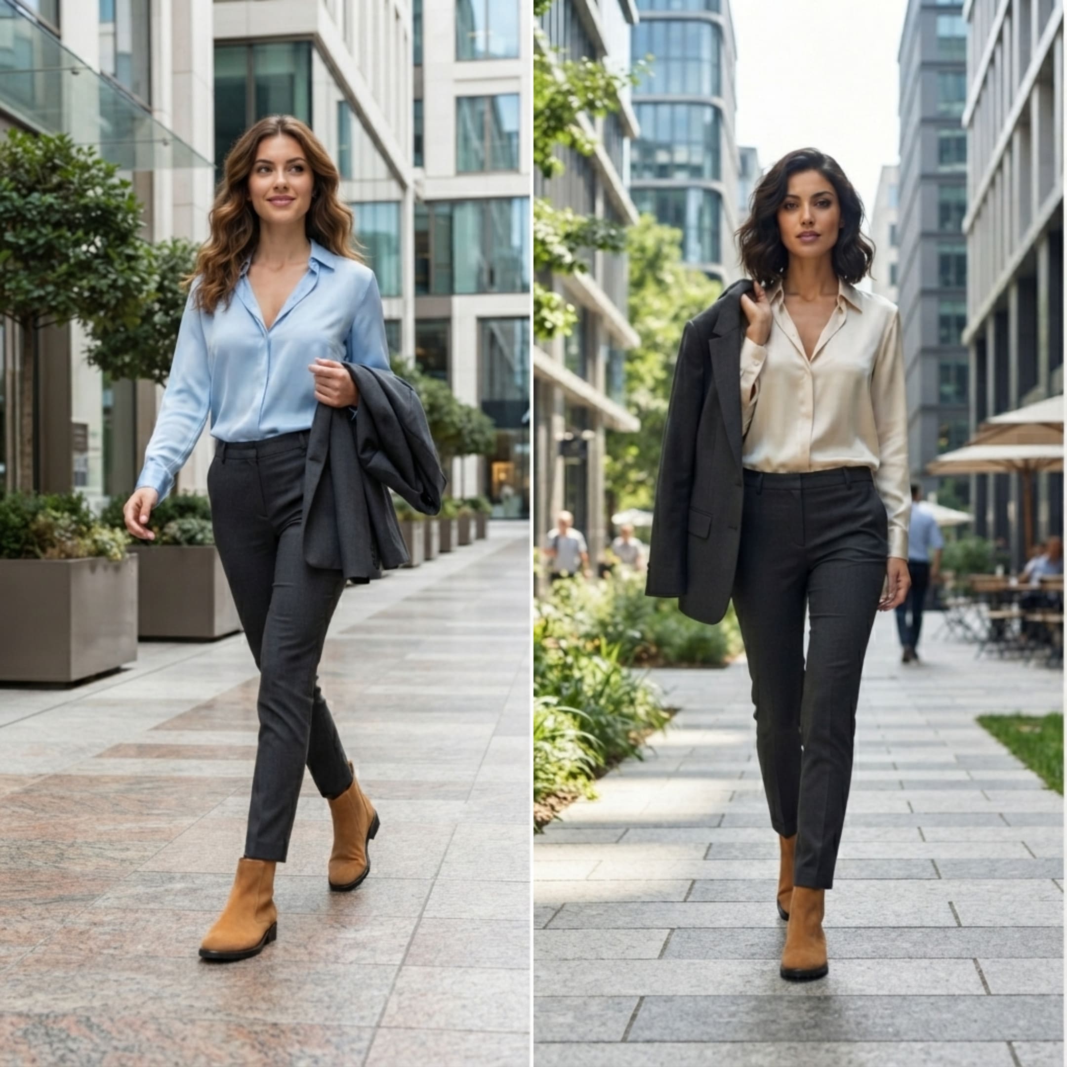 FORCIANO VALKYRIE brown women's elevator boots worn with tailored trousers in two business lifestyle scenes, featuring premium suede uppers.