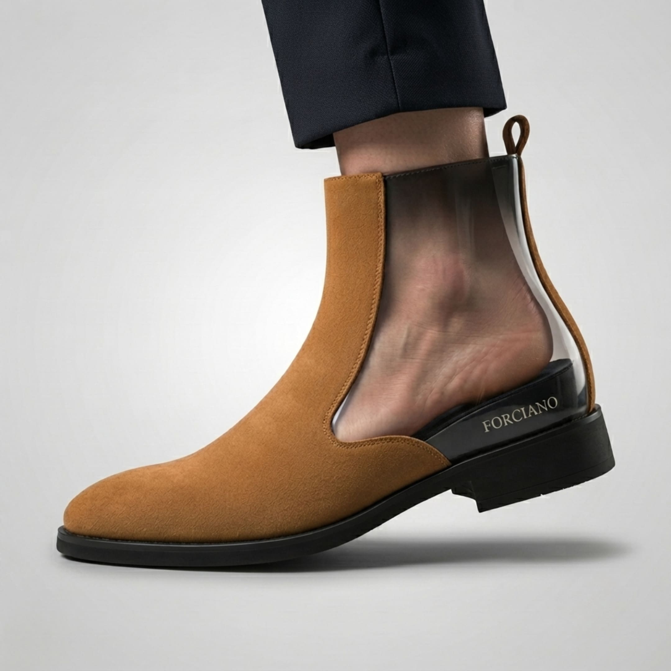 FORCIANO VALKYRIE brown women's elevator boots shown in a side cutaway view on foot, revealing the concealed internal lift beneath the premium suede upper.