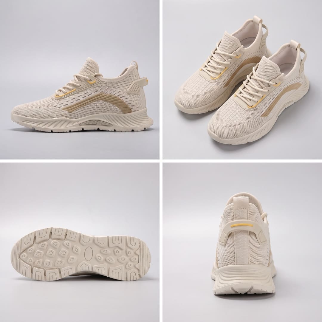 FORCIANO VISCONTI beige height increasing sneakers with air mesh upper shown in a multi-view collage featuring side profile, pair angle view, outsole view, and rear view.