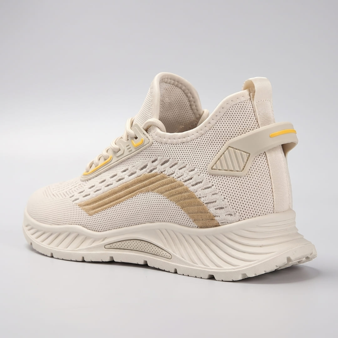 FORCIANO VISCONTI beige height increasing sneakers shown from the rear three-quarter angle with air mesh upper and visible heel structure.