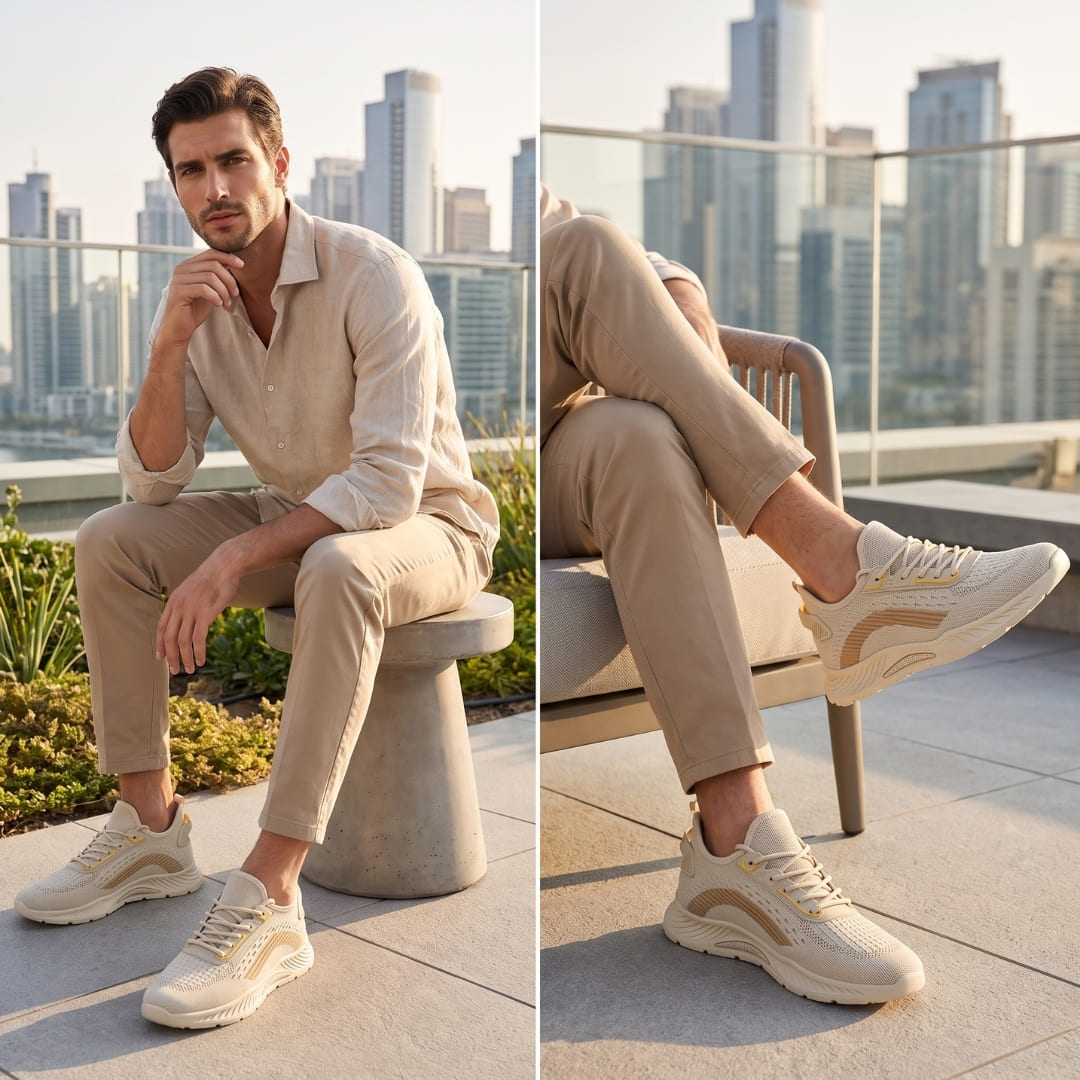 FORCIANO VISCONTI beige height increasing sneakers with air mesh uppers worn by a seated model in a two-panel outdoor lifestyle scene.