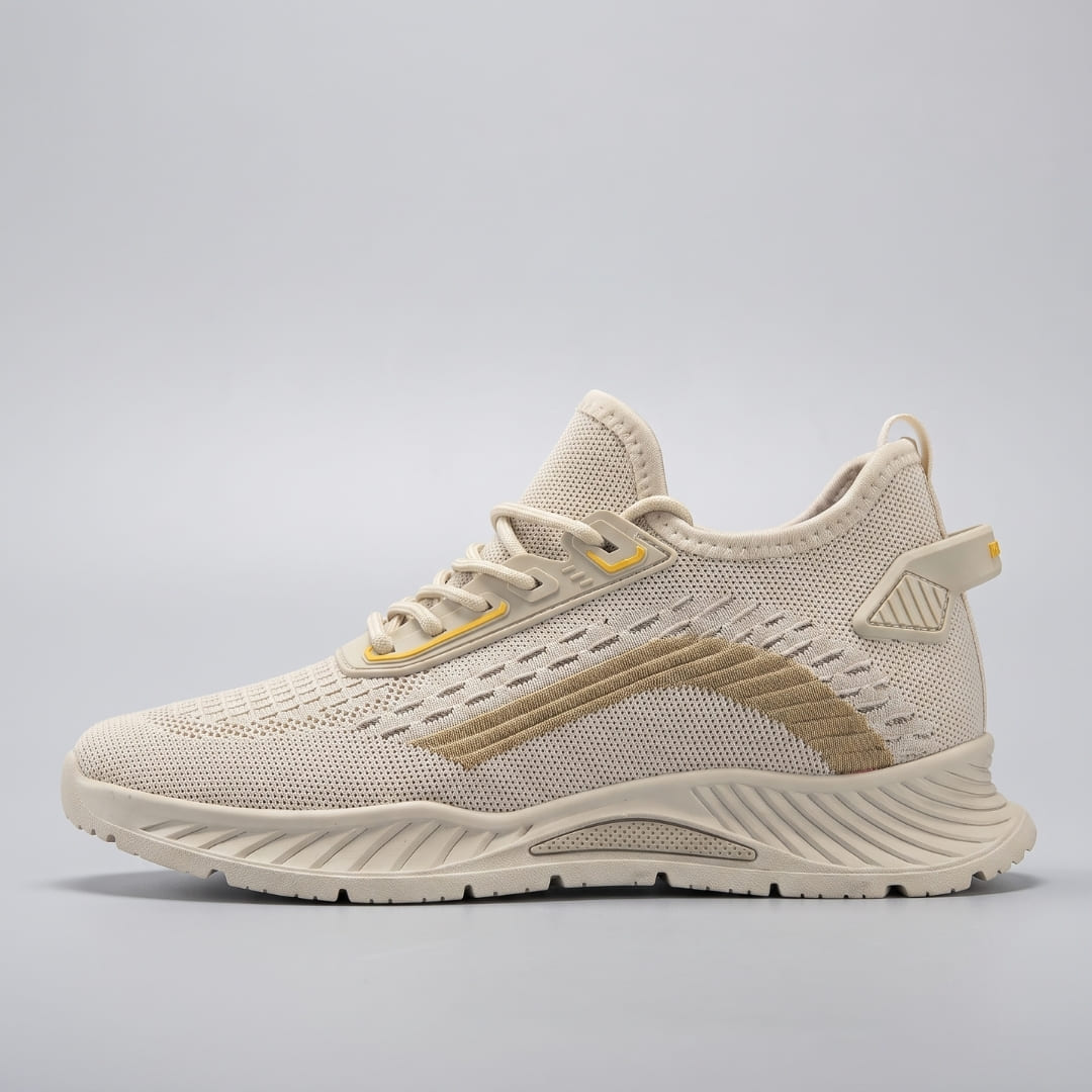 FORCIANO VISCONTI beige height increasing sneakers shown in a clean side profile with air mesh upper, lace-up front and sculpted sole.
